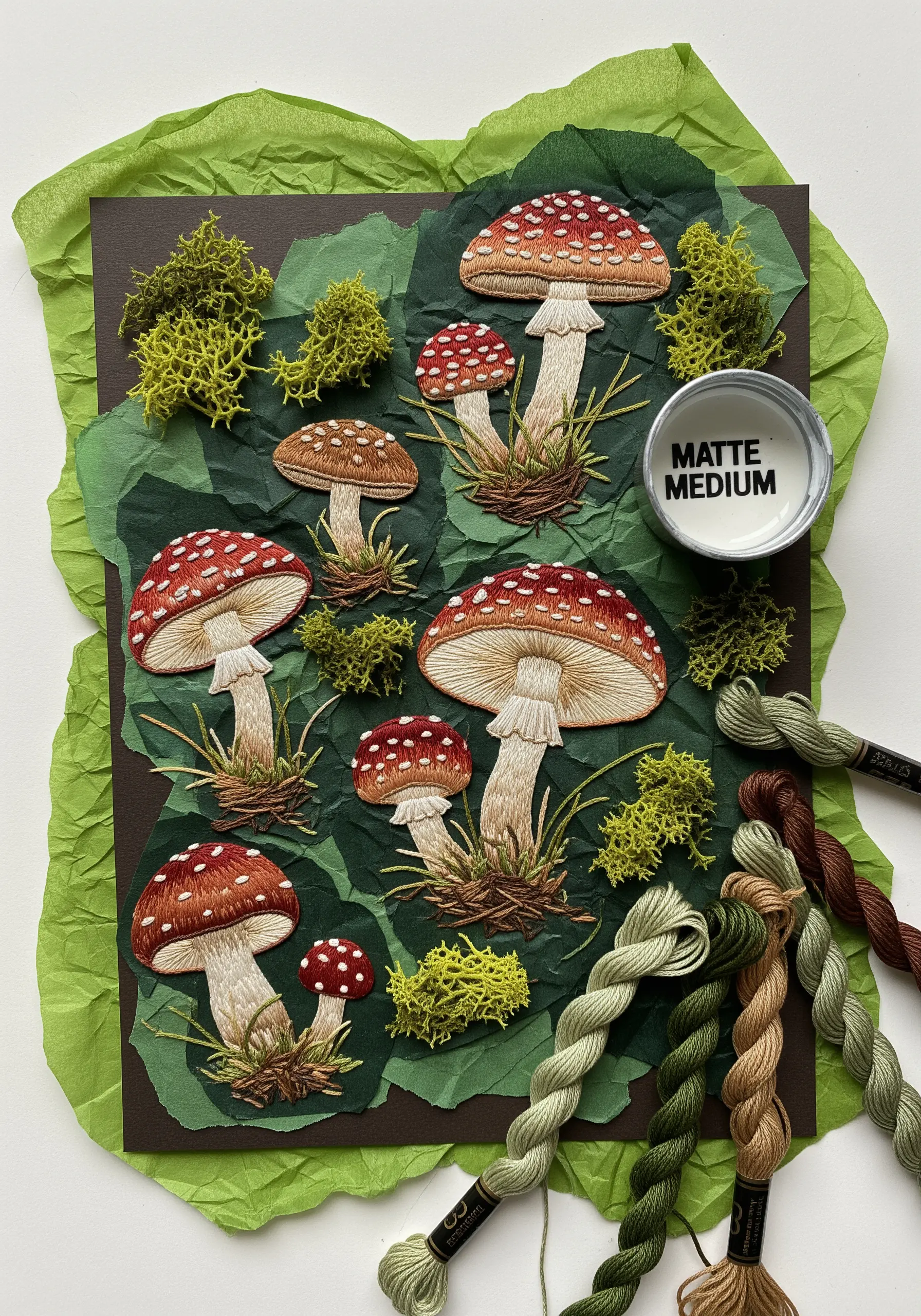 Embroidered mushroom appliqués collaged onto dark paper with moss.