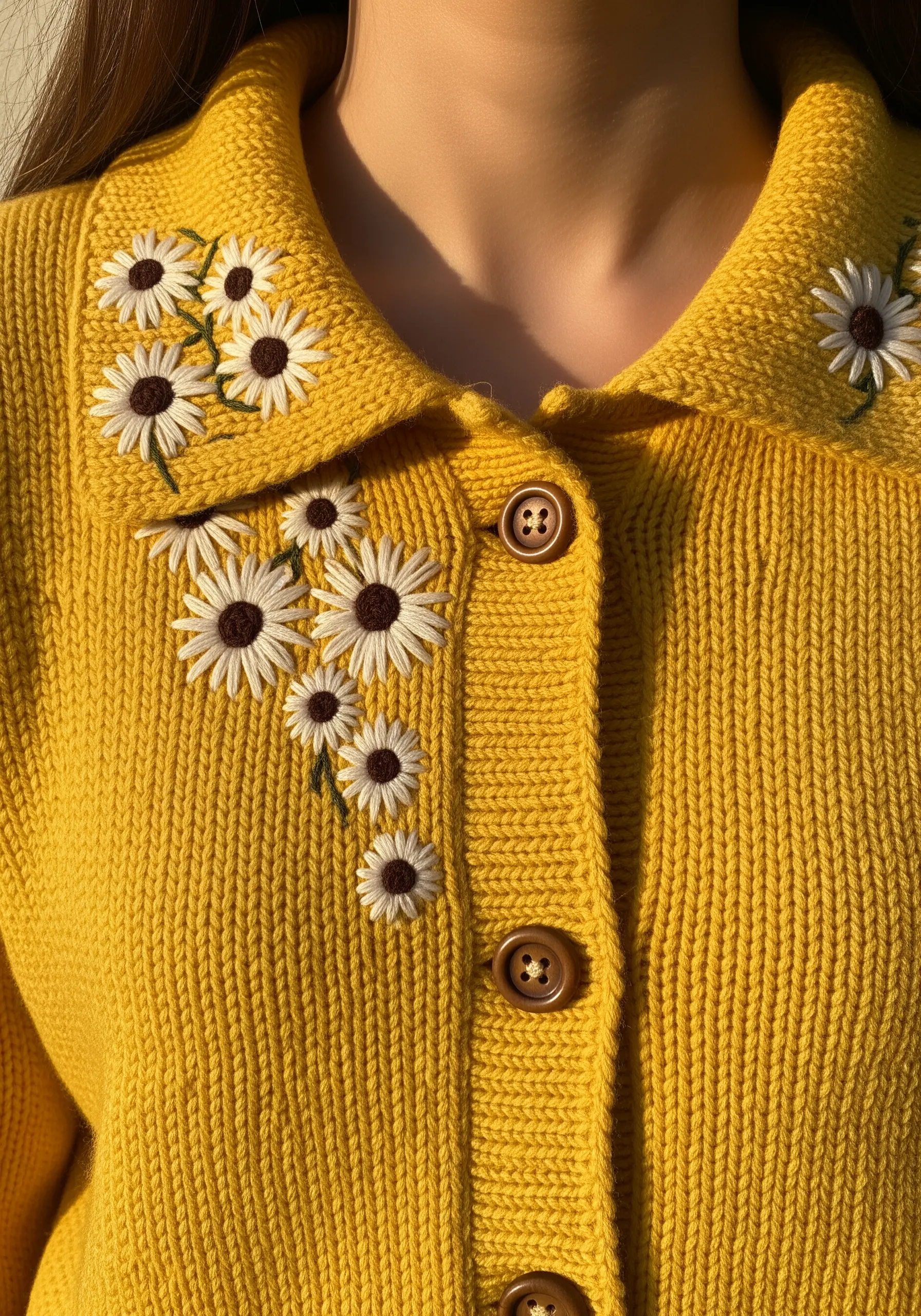 White and brown daisies embroidered on the collar of a yellow chunky-knit cardigan.
