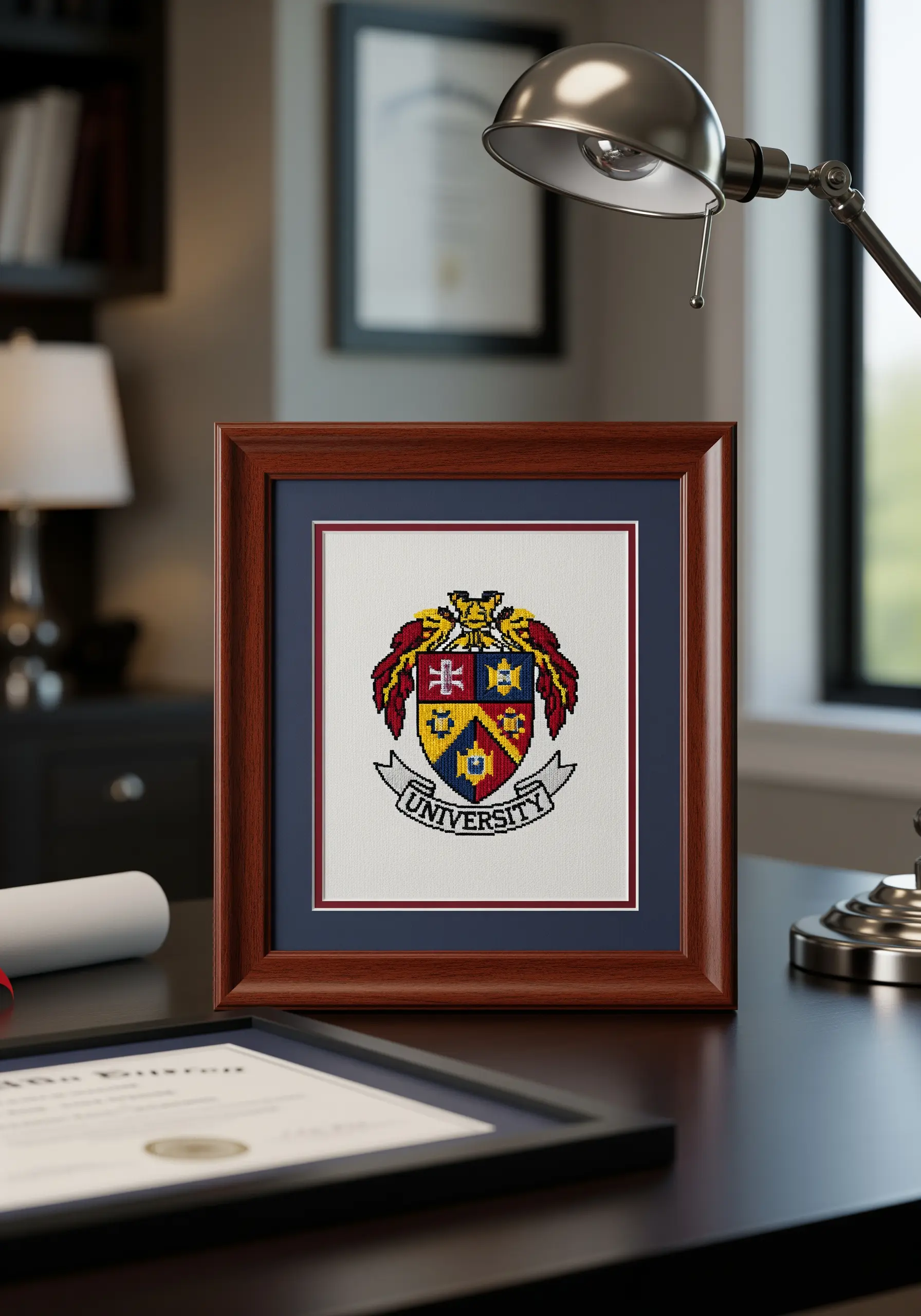 A detailed cross-stitched university crest matted and framed in a mahogany frame.