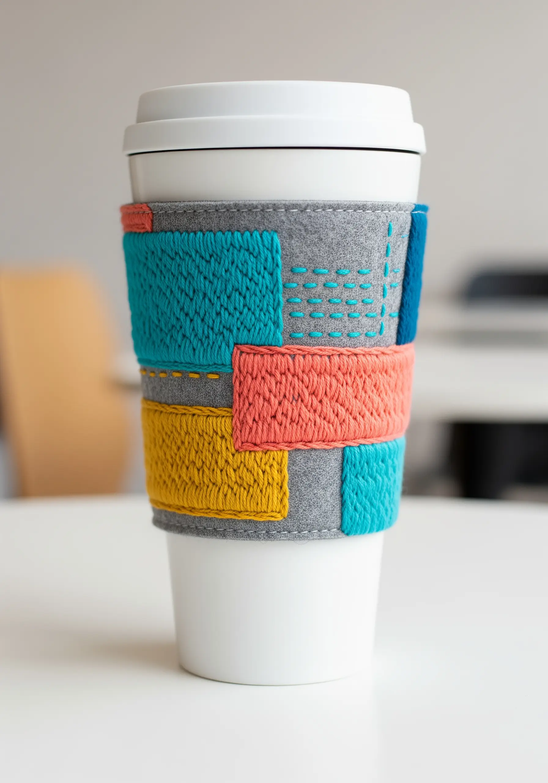 A felt coffee cup cozy decorated with color-blocked patches and textural embroidery.