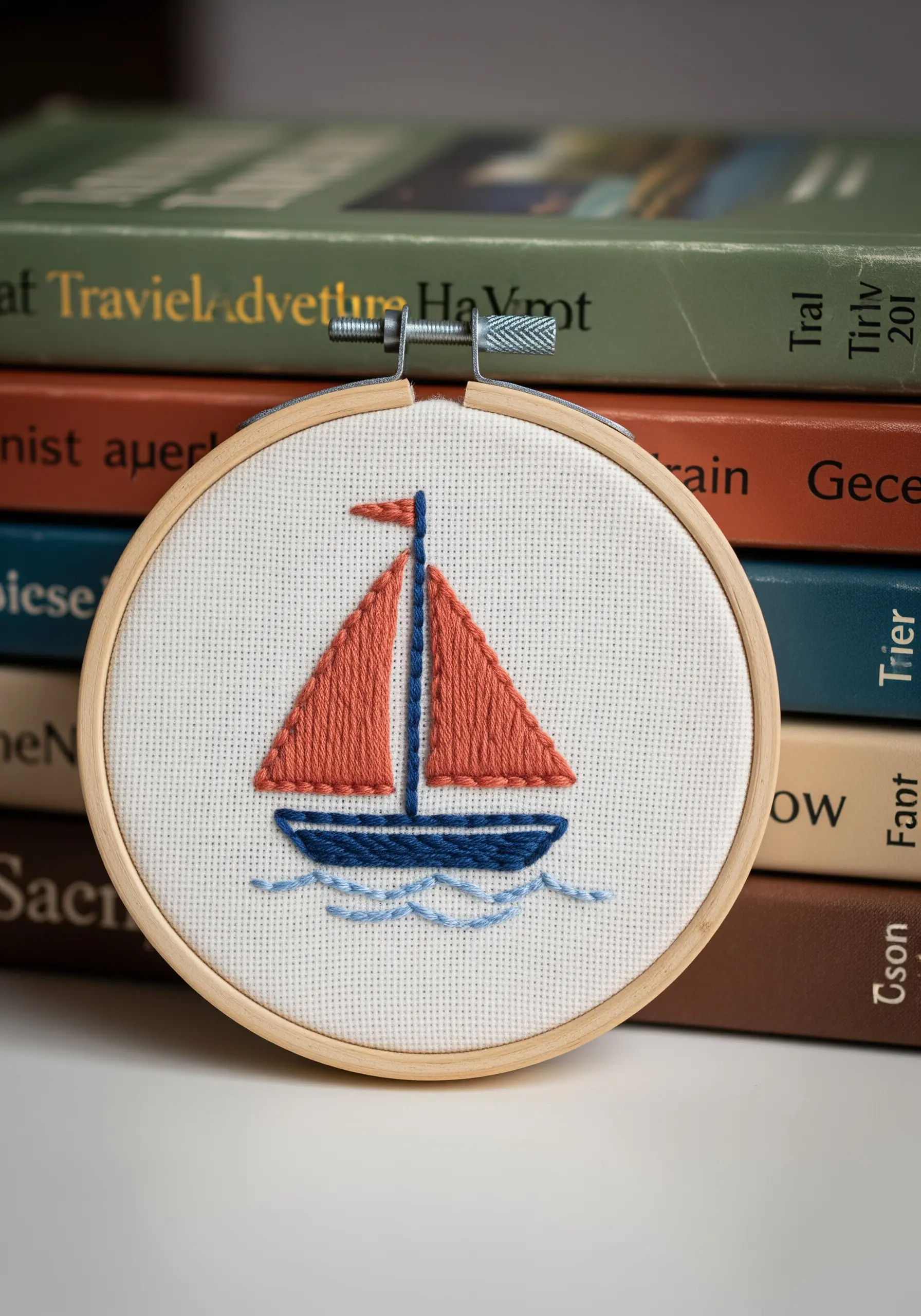 A color-blocked sailboat with red satin-stitched sails and a blue hull.