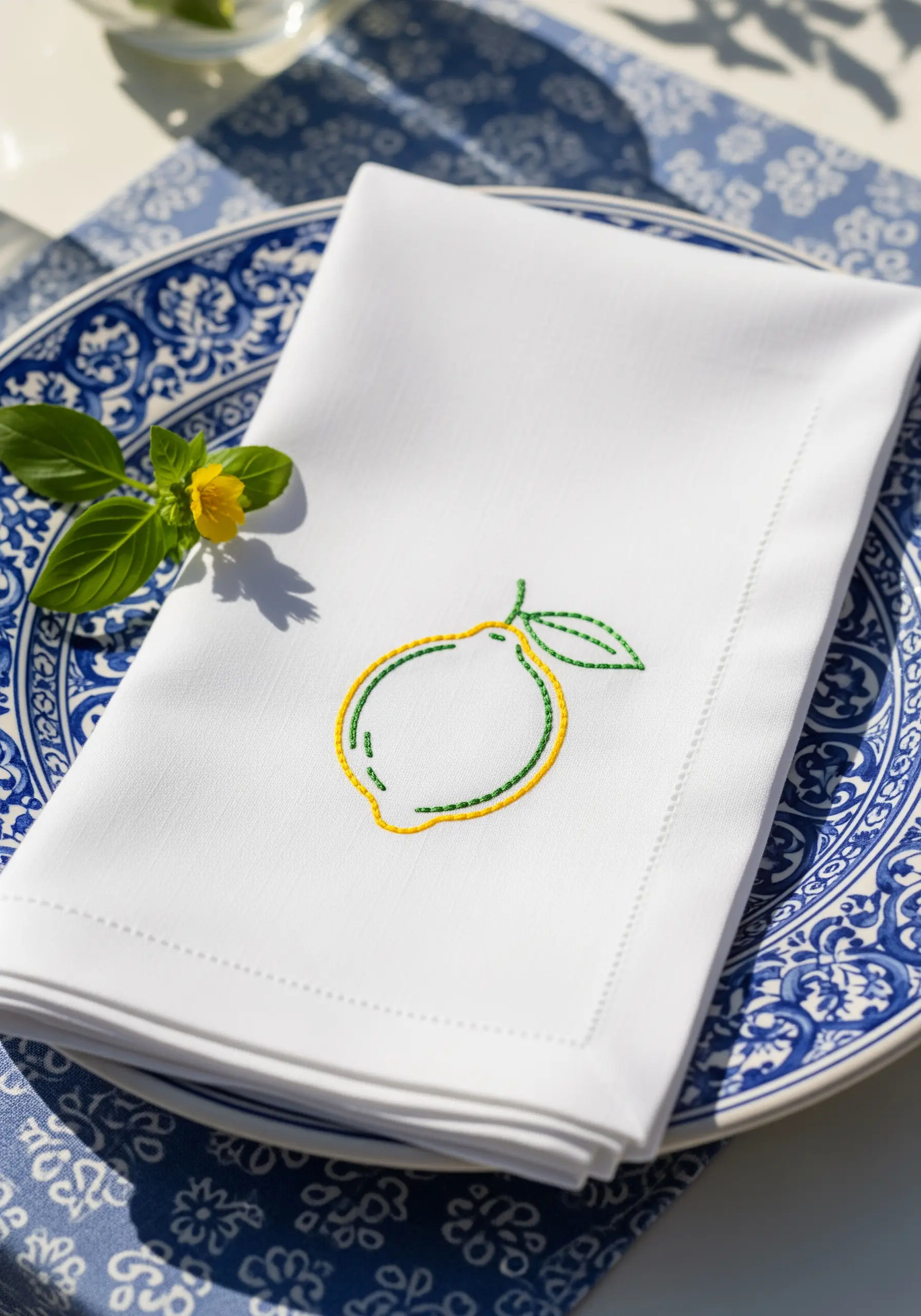 A lemon and leaf outlined in yellow and green thread on a white napkin.