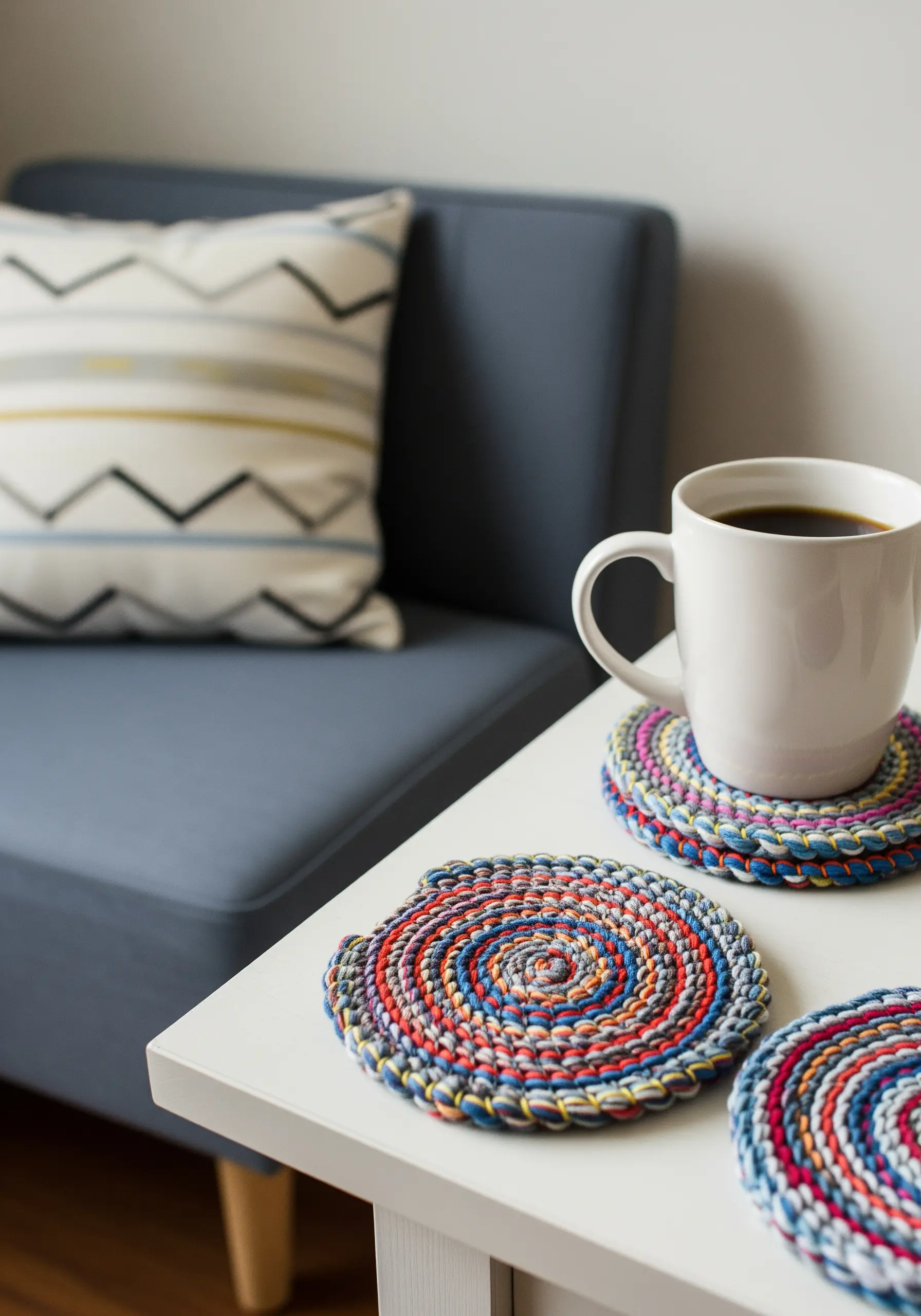 Colorful coasters made from coiling and stitching strips of upcycled fabric.