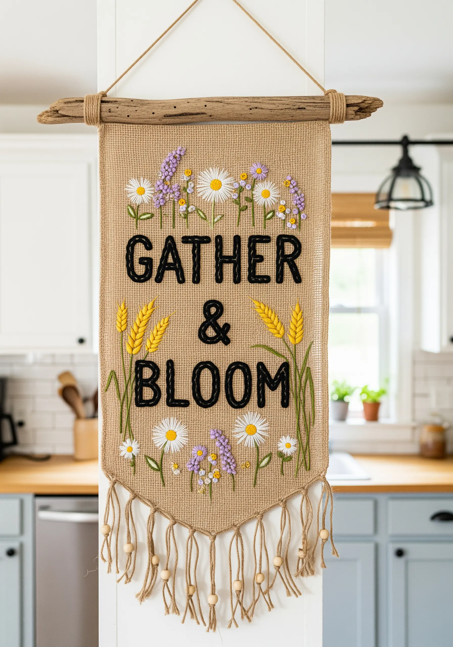 Burlap wall banner with 3D yarn lettering and embroidered wildflowers, hanging from a driftwood branch.