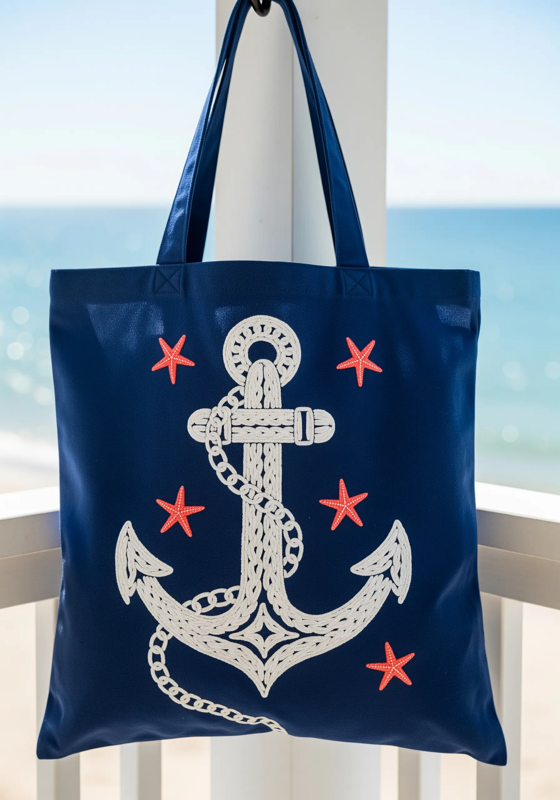 A navy blue tote bag with a white embroidered anchor and small red starfish accents.