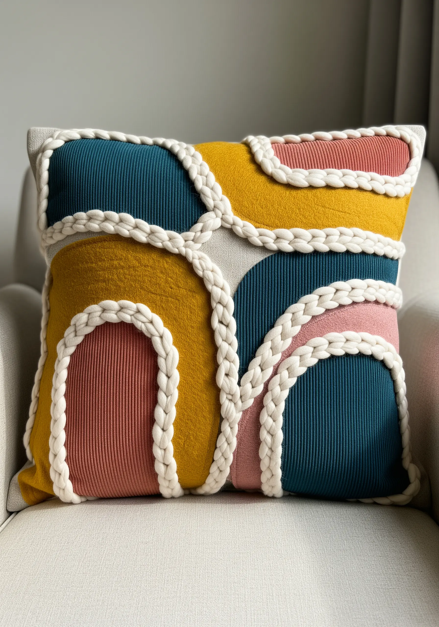 A colorful abstract pillow with corduroy appliqué and thick, braided yarn details.