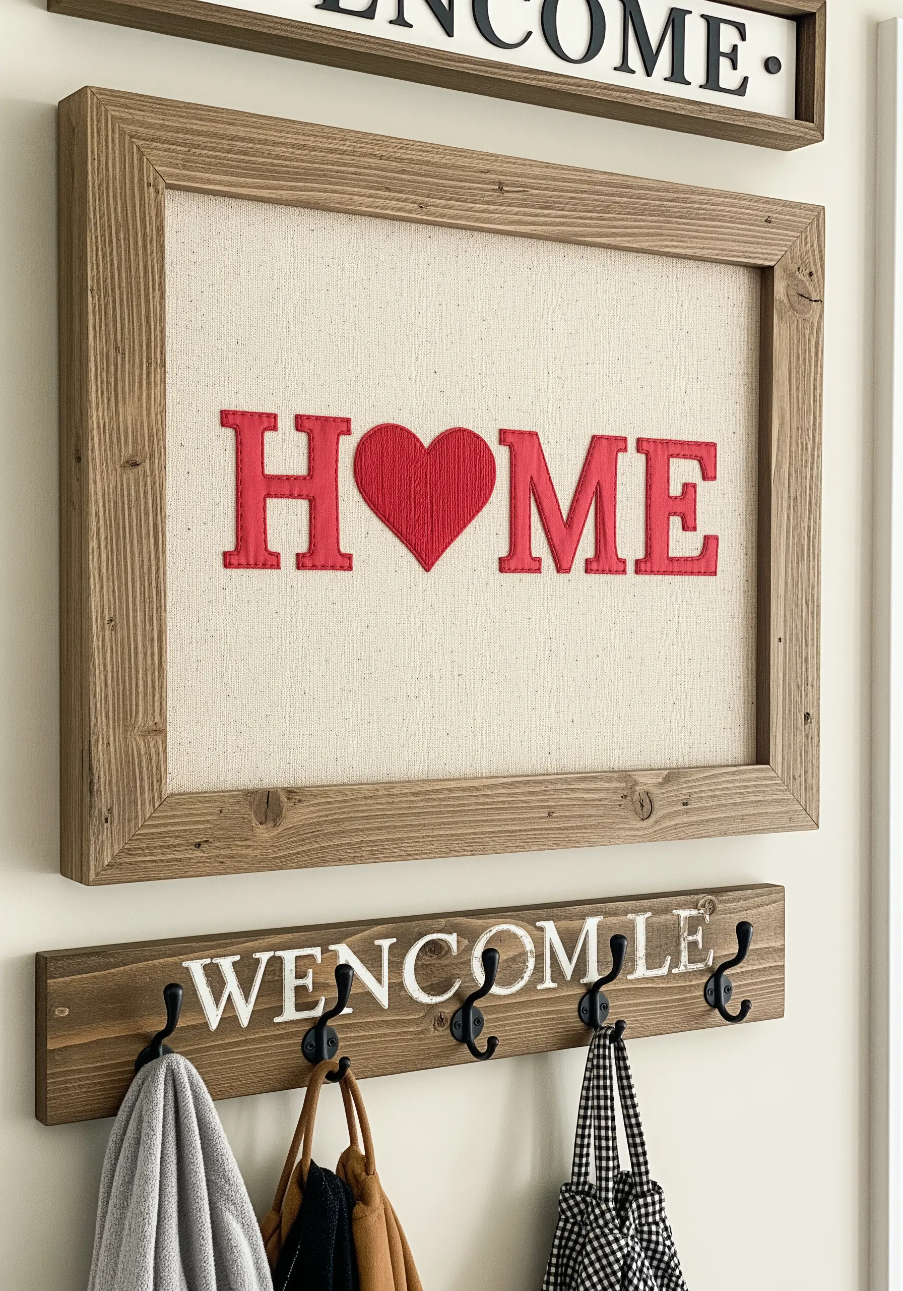 The word 'HOME' created with red fabric appliqué outlined in satin stitch.