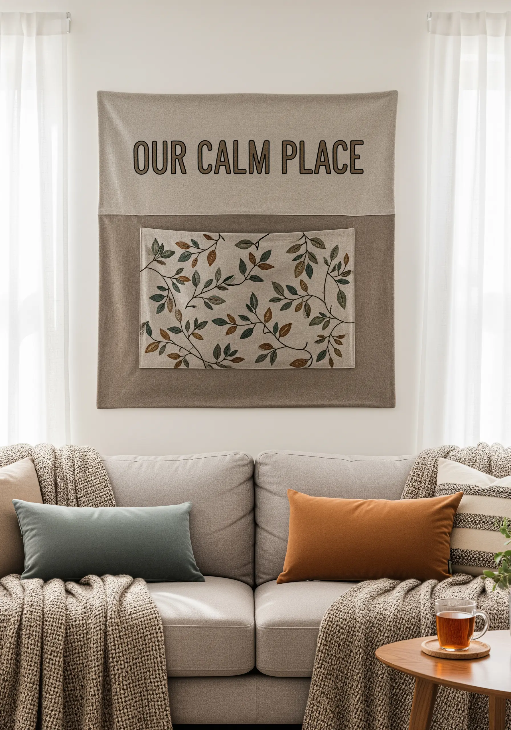 A layered wall hanging with the words 'Our Calm Place' and an embroidered botanical panel.