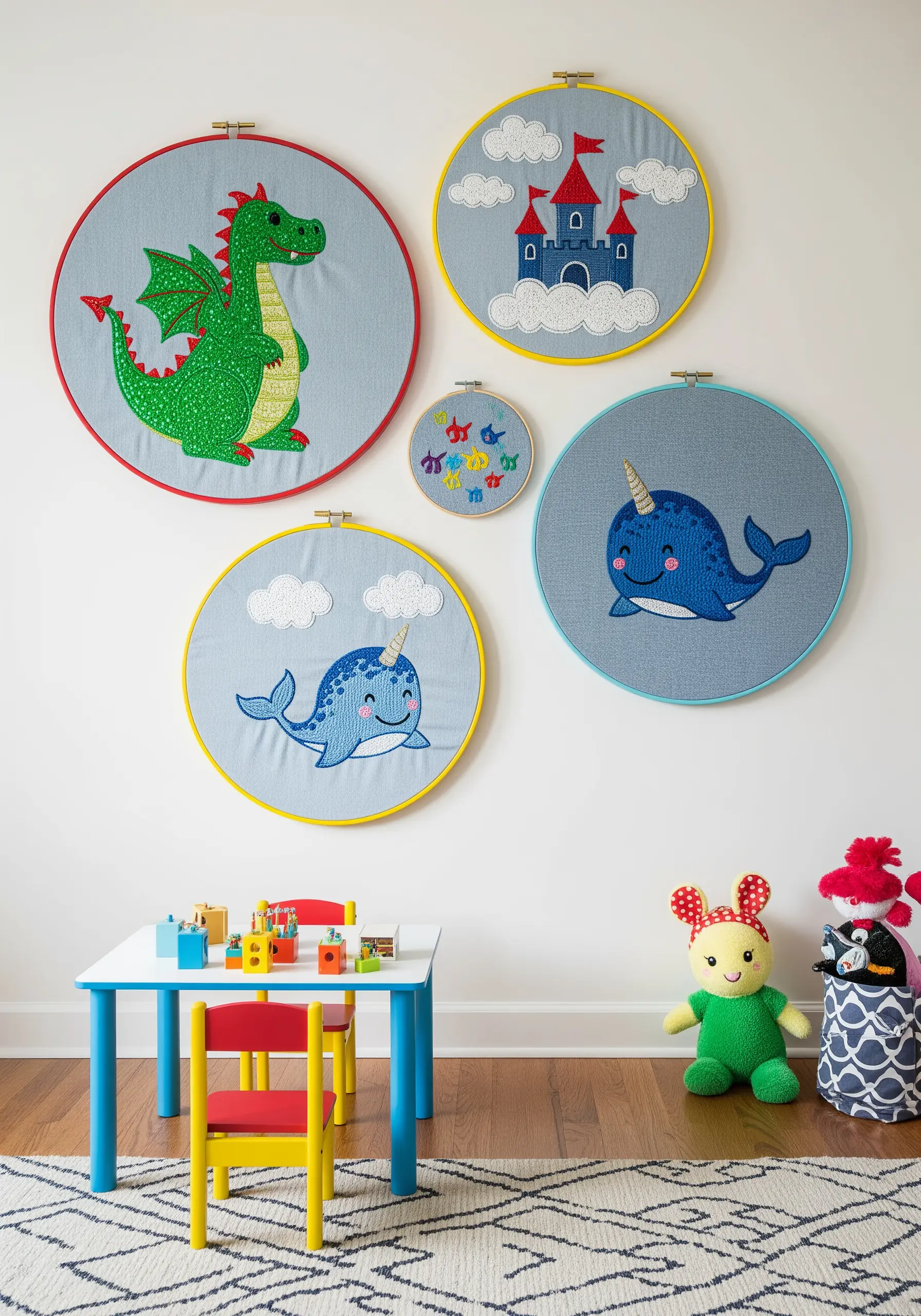 A collection of whimsical embroidered creatures like a dragon and narwhals in a playroom.