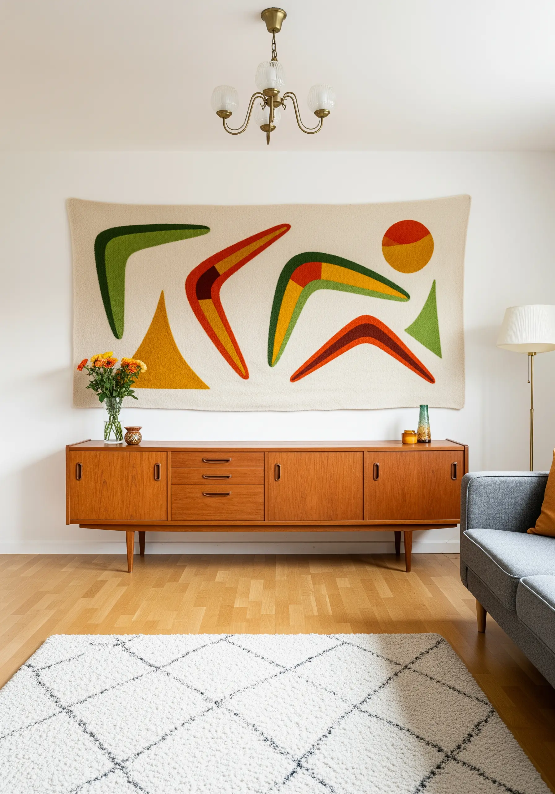 A mid-century modern tapestry with colorful appliqué boomerang shapes outlined in embroidery.