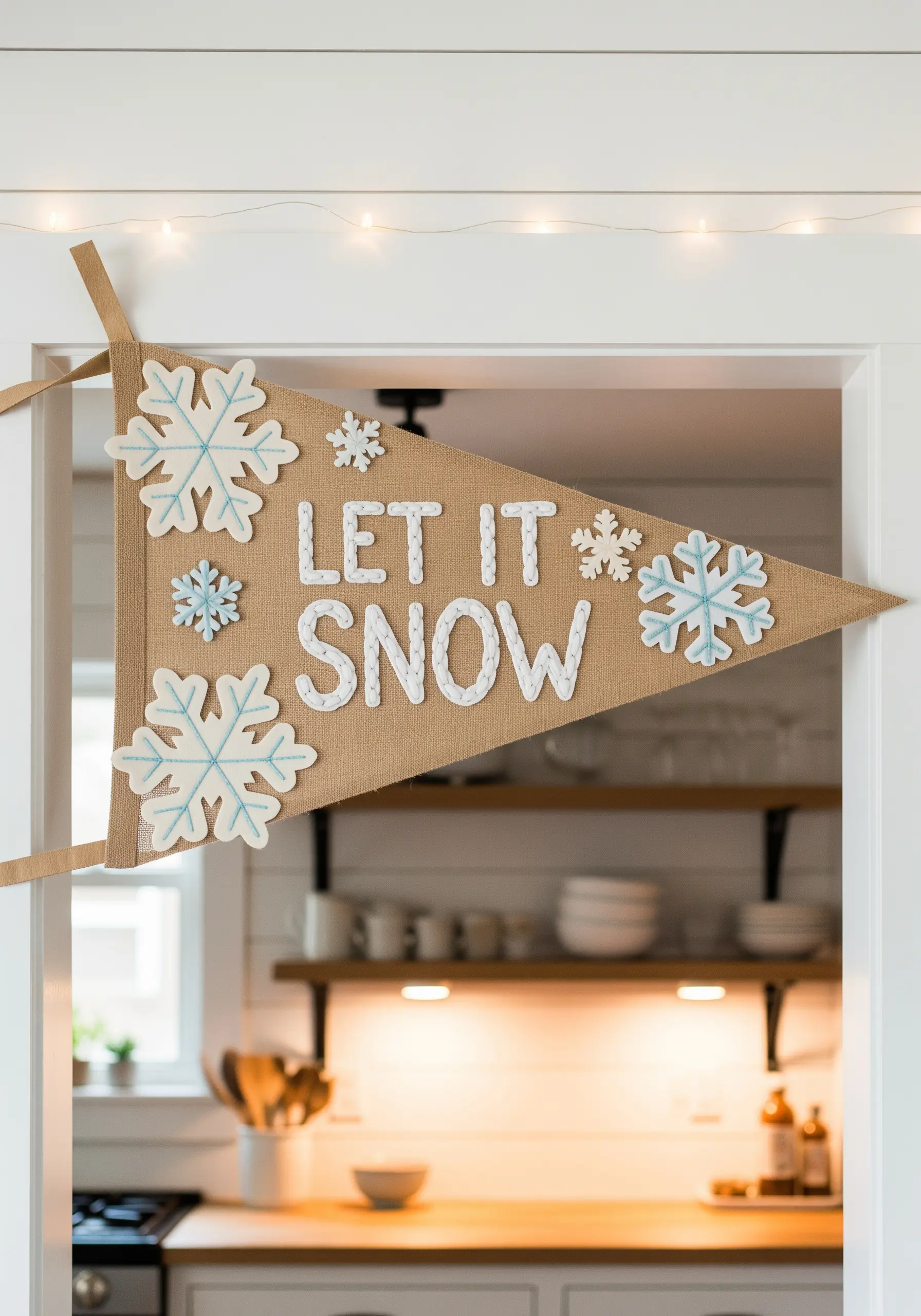 A burlap pennant with 'Let It Snow' in felt appliqué letters and embroidered snowflake details.