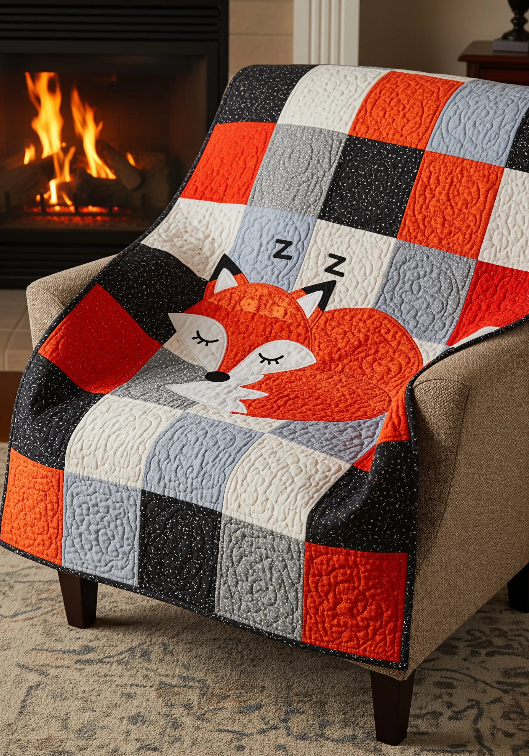 A patchwork quilt with an appliqué of a sleeping fox draped over a chair by a fireplace.