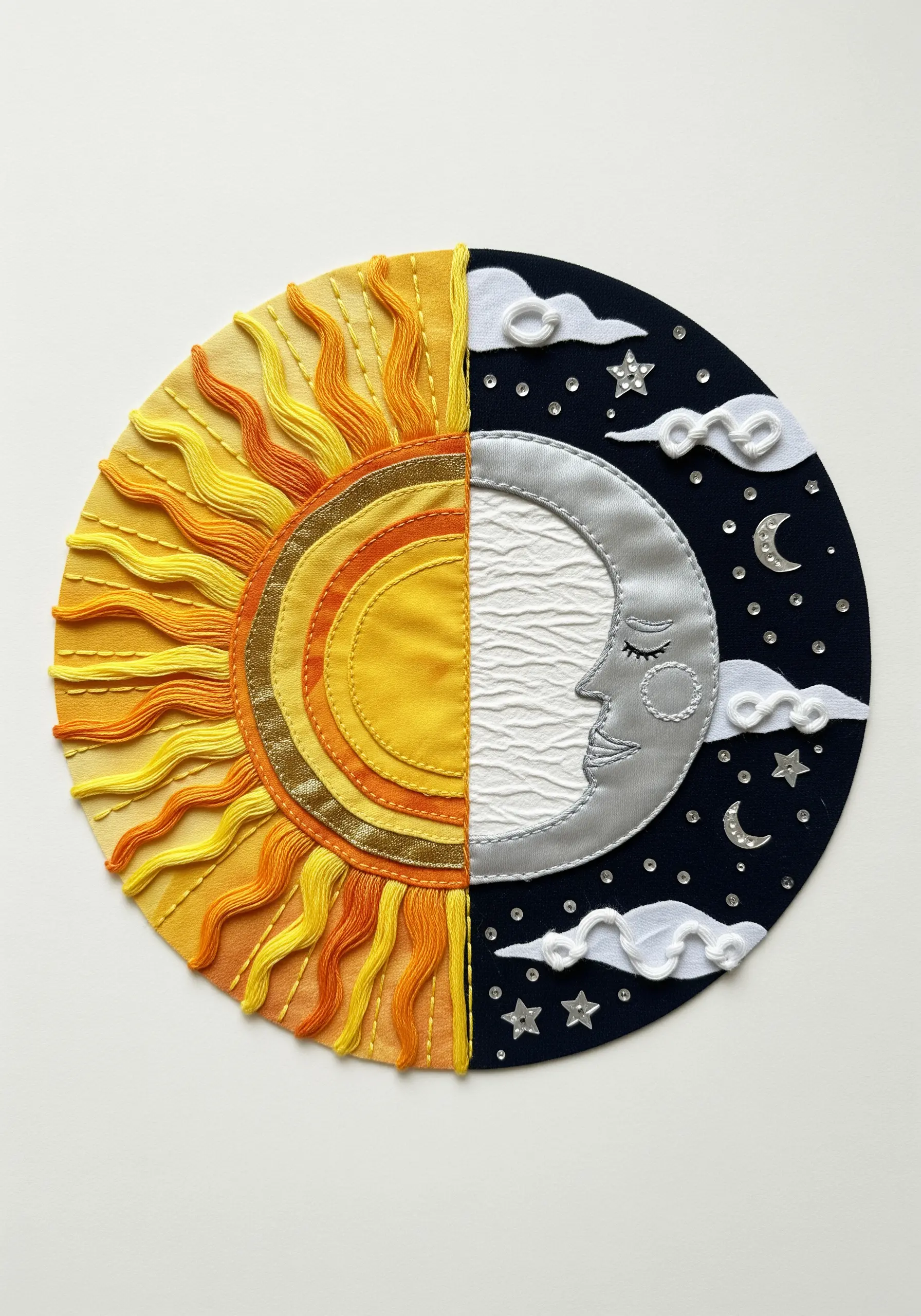 Sun and moon appliqué, where sun rays are embroidered with satin stitch and moon is fabric
