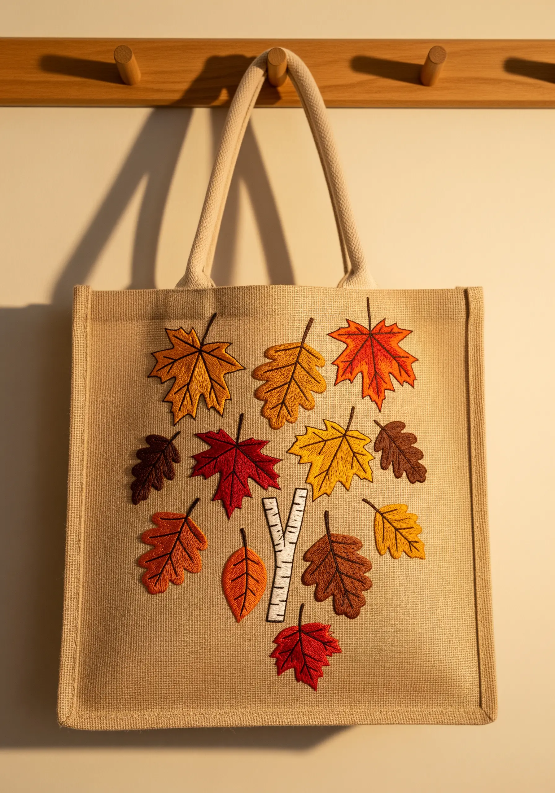 A jute tote bag decorated with colorful appliqué autumn leaves detailed with embroidery.