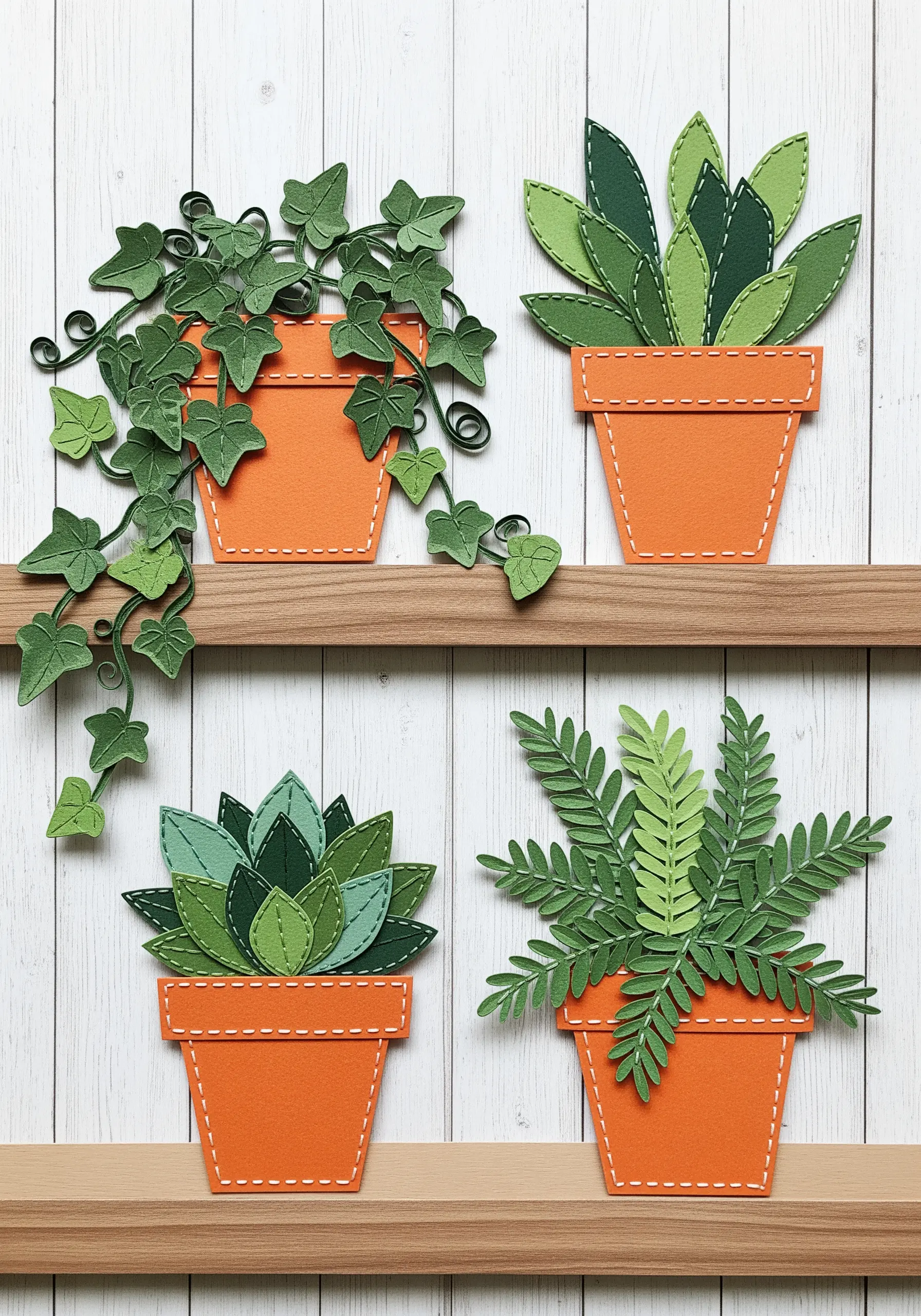 Four potted plants made from cut paper with simple white stitched details.