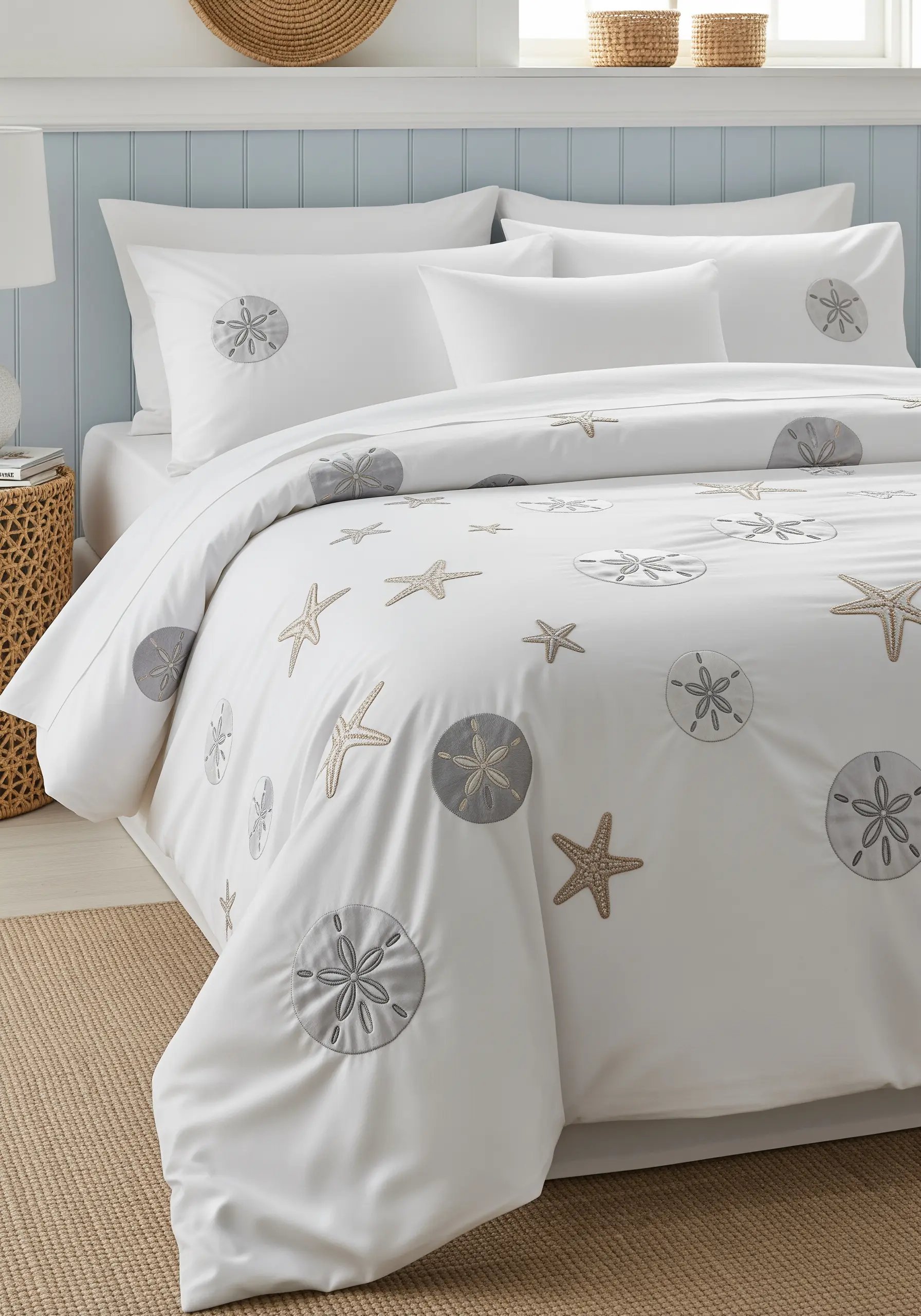 White duvet cover decorated with appliqué starfish and embroidered sand dollars in beige and grey.