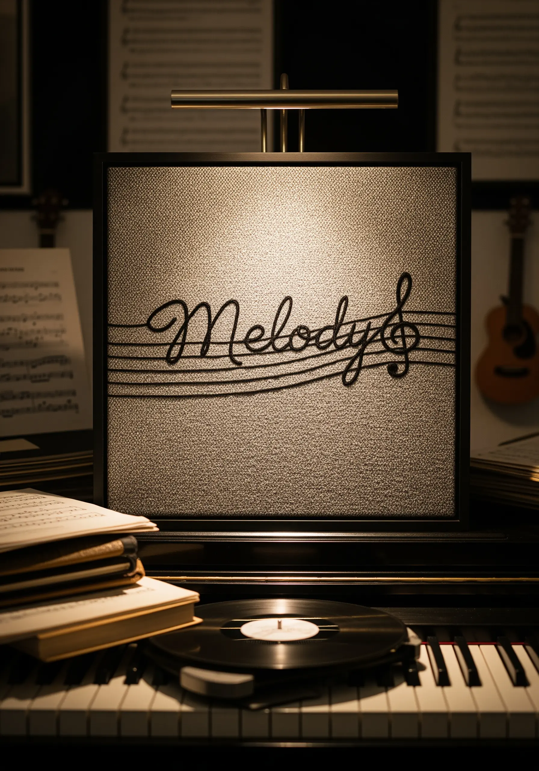 The word 'Melody' embroidered in script over a clean, graphic musical staff.