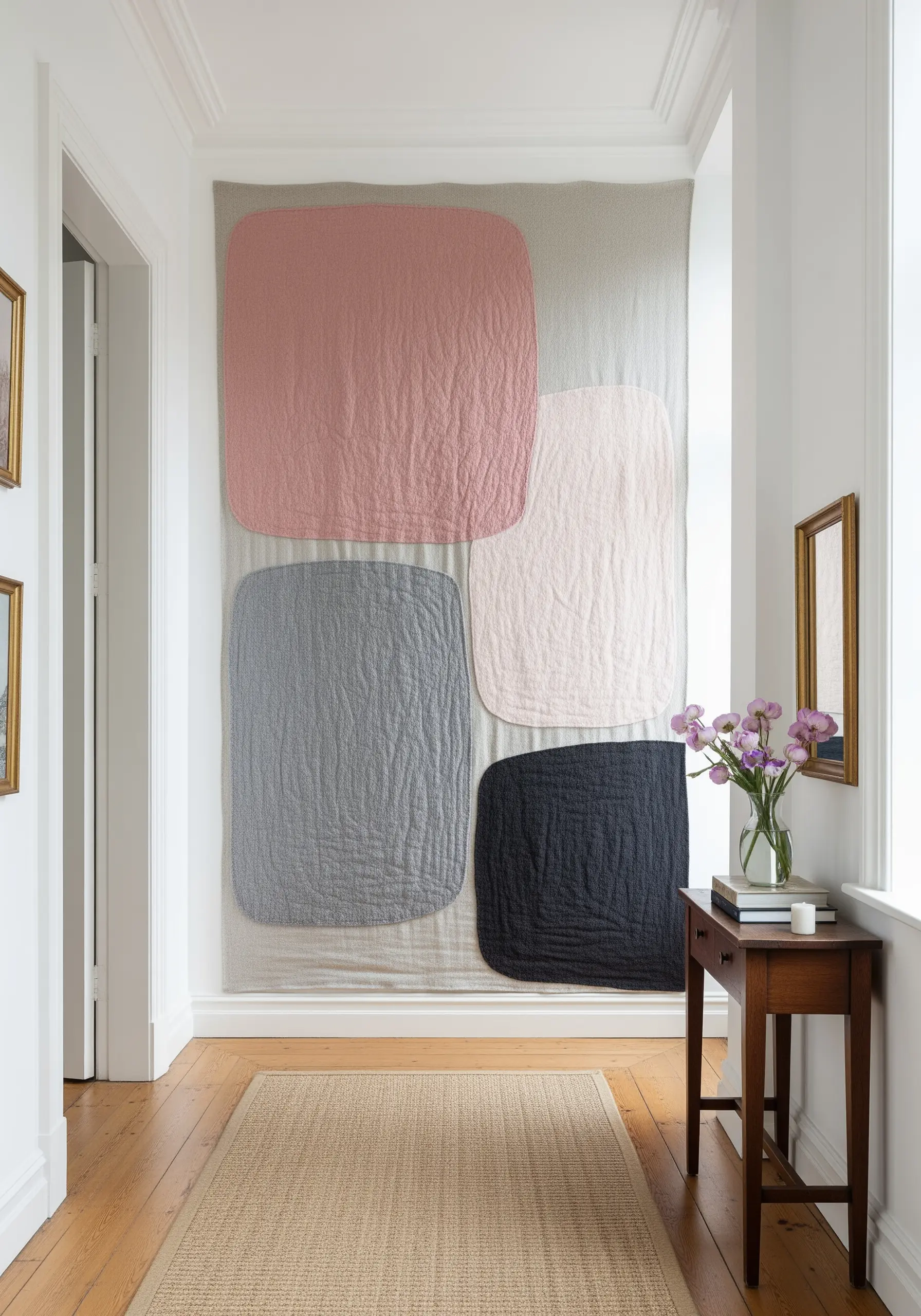 A large wall hanging with four rounded, block-color shapes in muted pink, grey, and black tones.