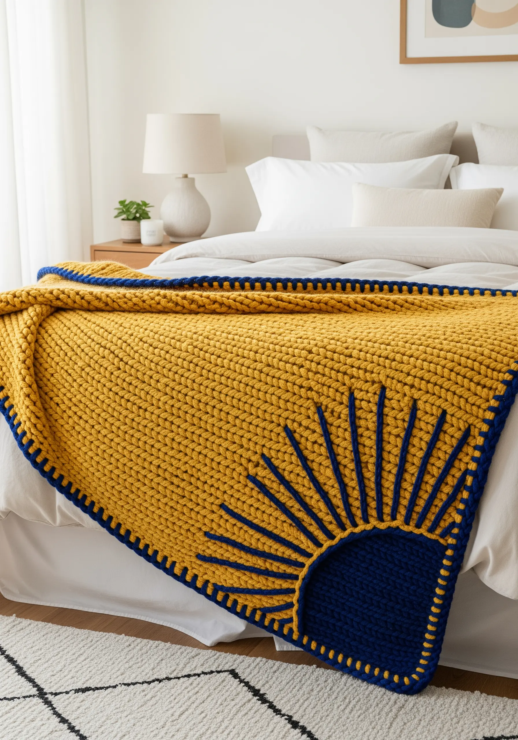 Chunky yellow knit blanket with a large navy blue sun motif created with appliqué and yarn.