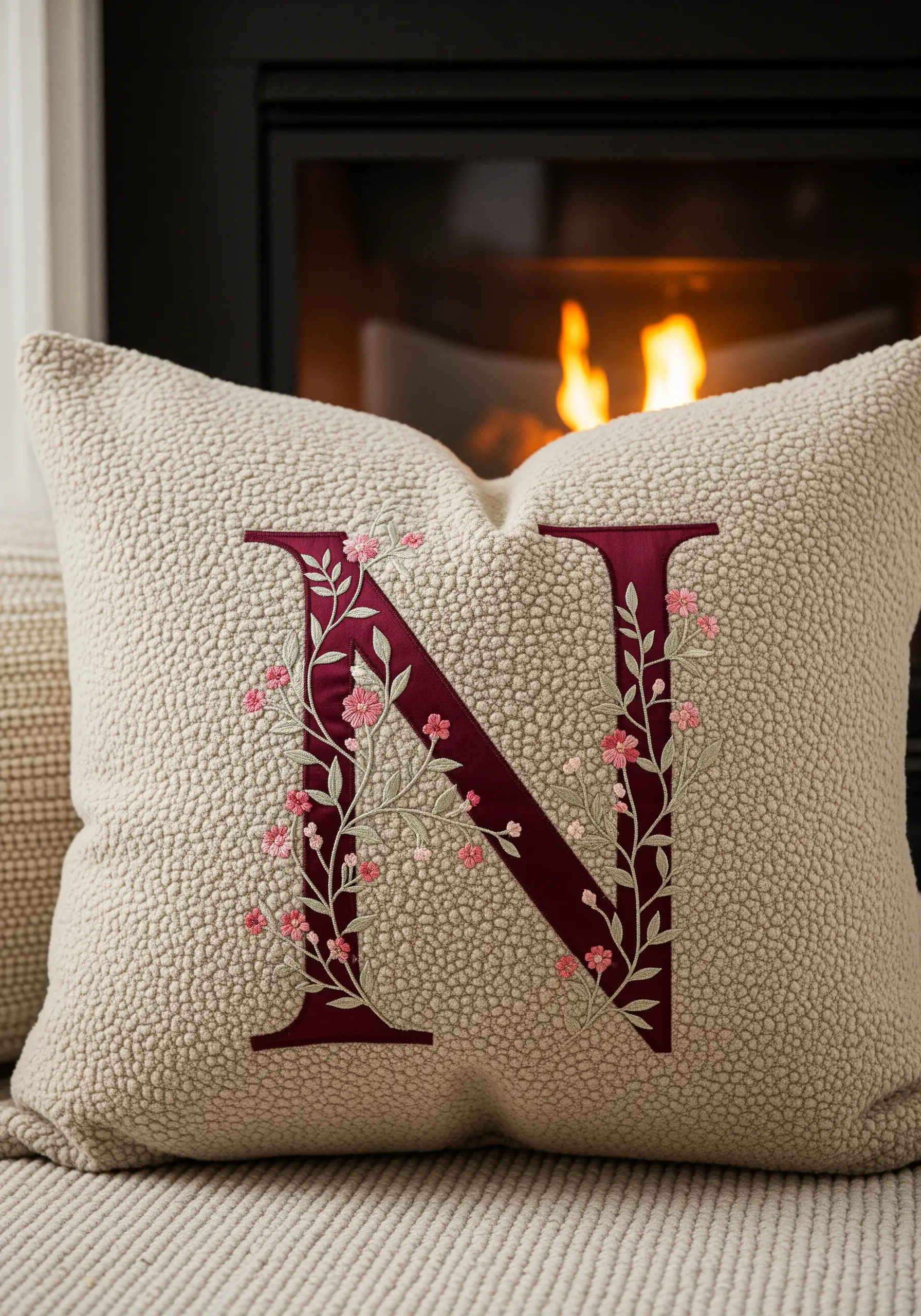 A fabric appliqué monogram 'N' on a textured pillow, embellished with delicate floral embroidery.