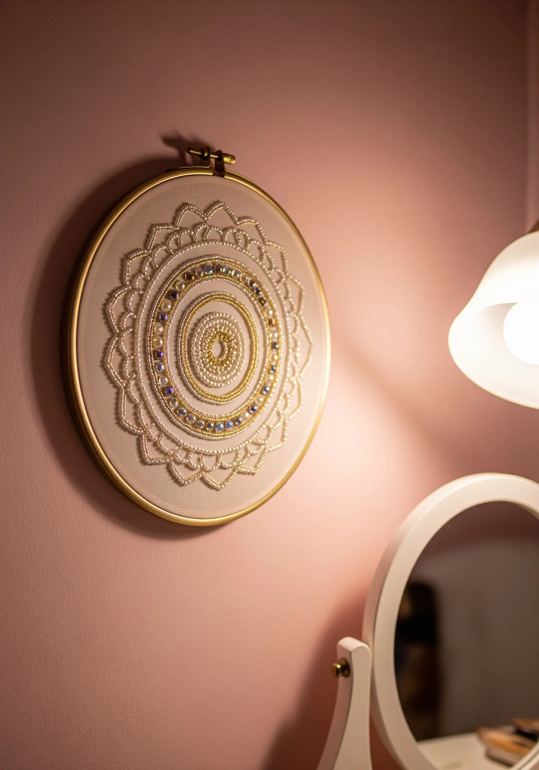 An elegant hoop with a mandala made from pearl beads, crystals, and gold thread.