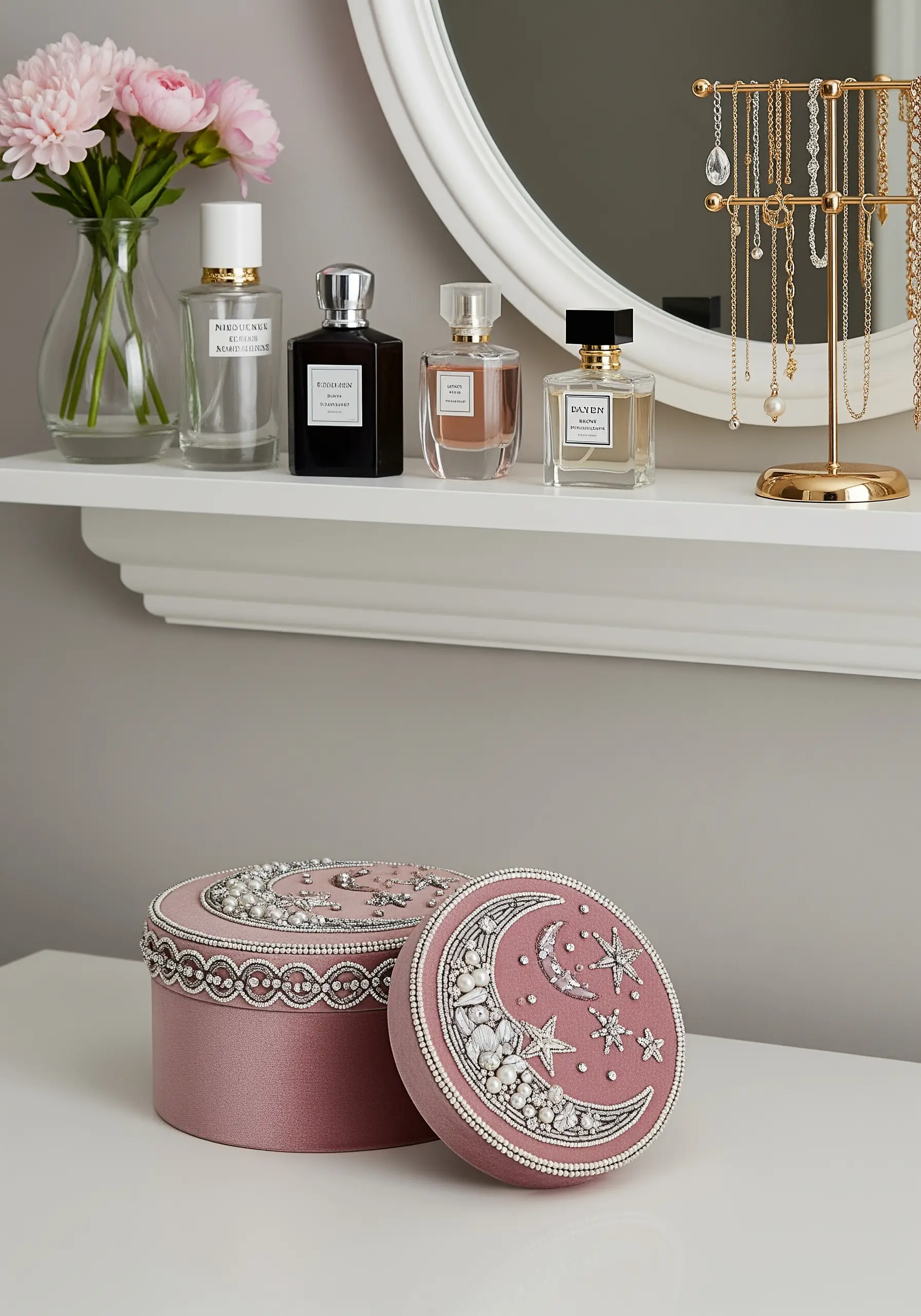 A dusty rose jewelry box lid embellished with beads, pearls, and crystals in a celestial pattern.