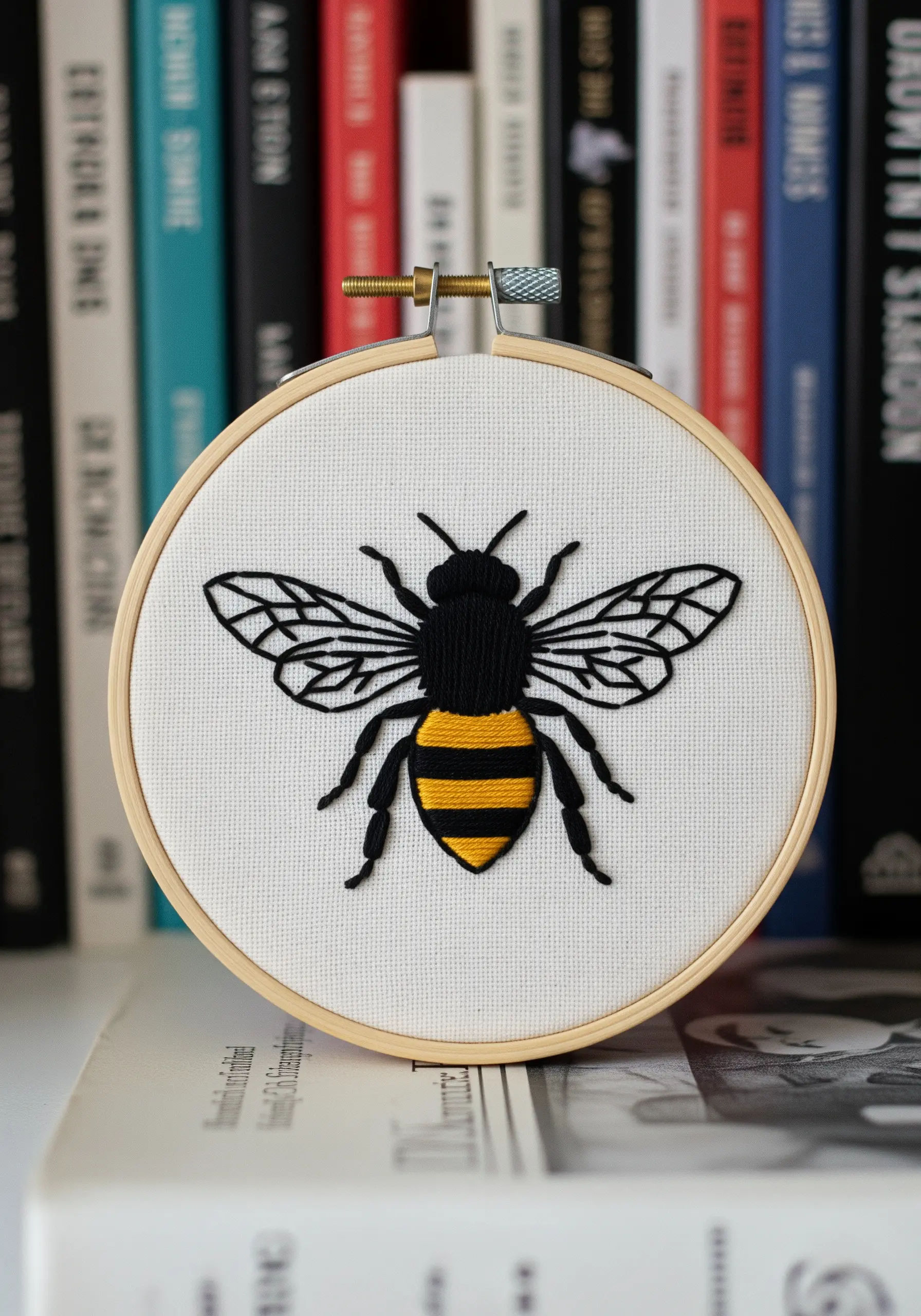 Embroidery of a bee with a solid satin-stitched body and fine line-art wings.