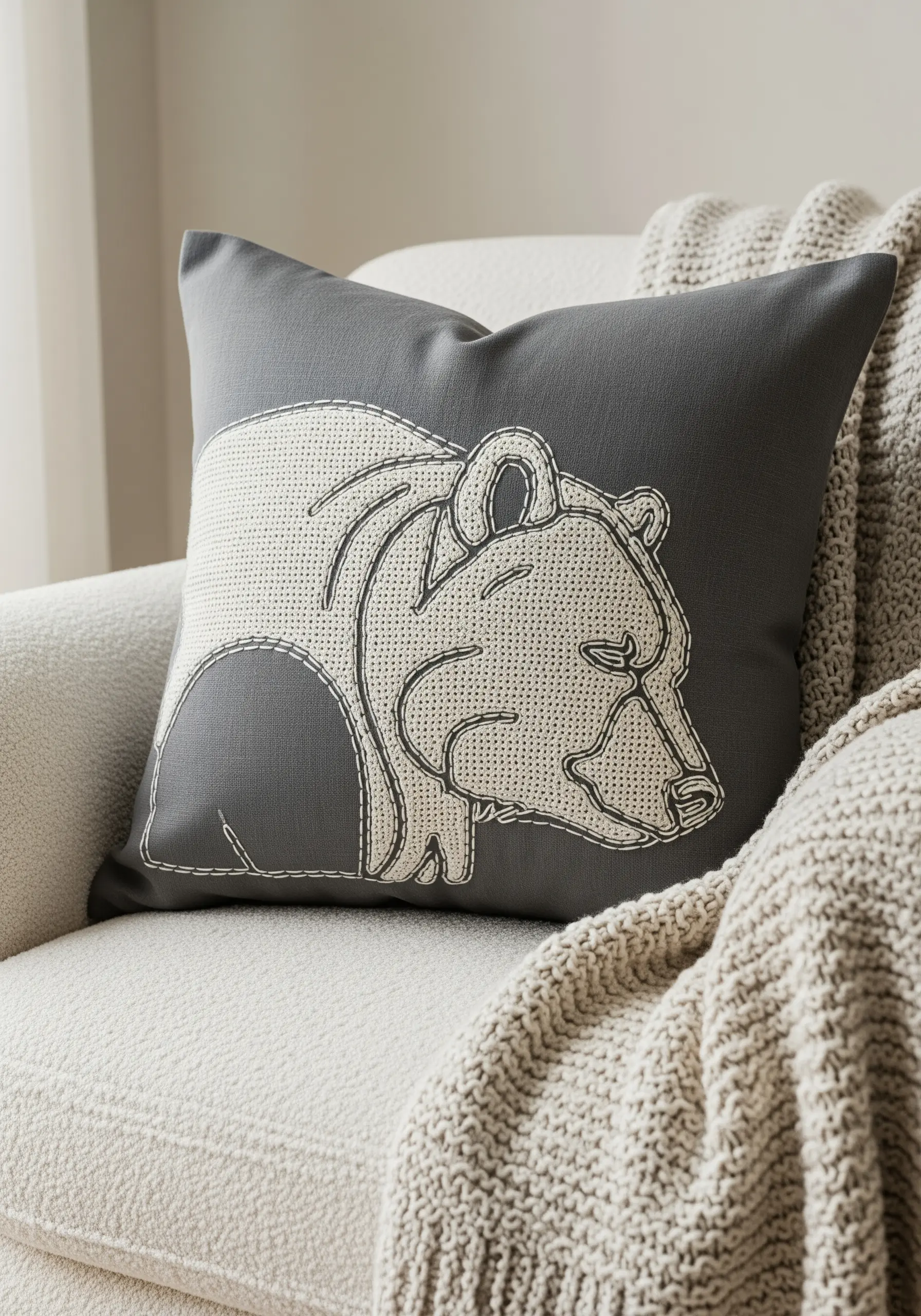 Embroidered bear head on a dark grey pillow, with a textured white fill stitch.