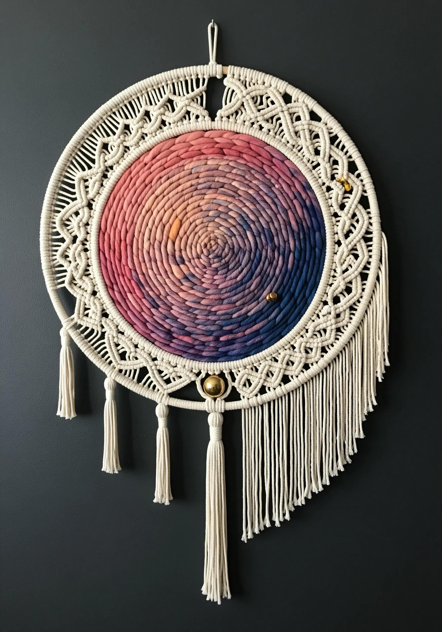 A circular wall hanging with a coiled yarn center in sunset colors, framed by intricate white macrame.
