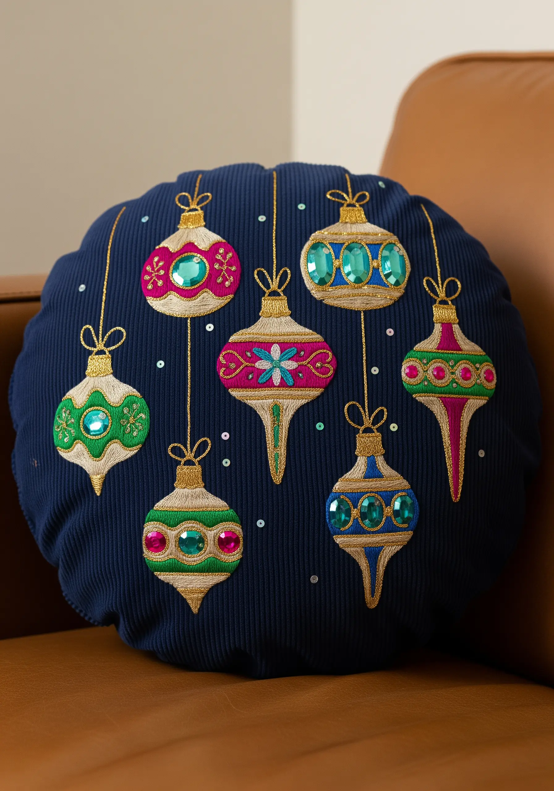 Colorful embroidered Christmas ornaments with gold outlines on a blue corduroy pillow.
