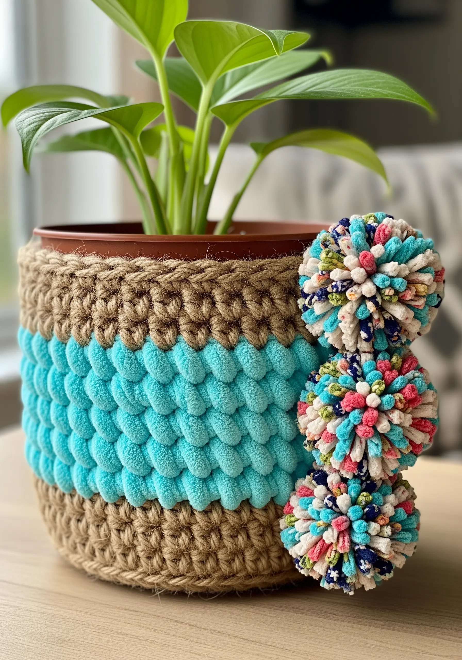 A crocheted plant pot cover made with jute and soft turquoise chenille yarn.
