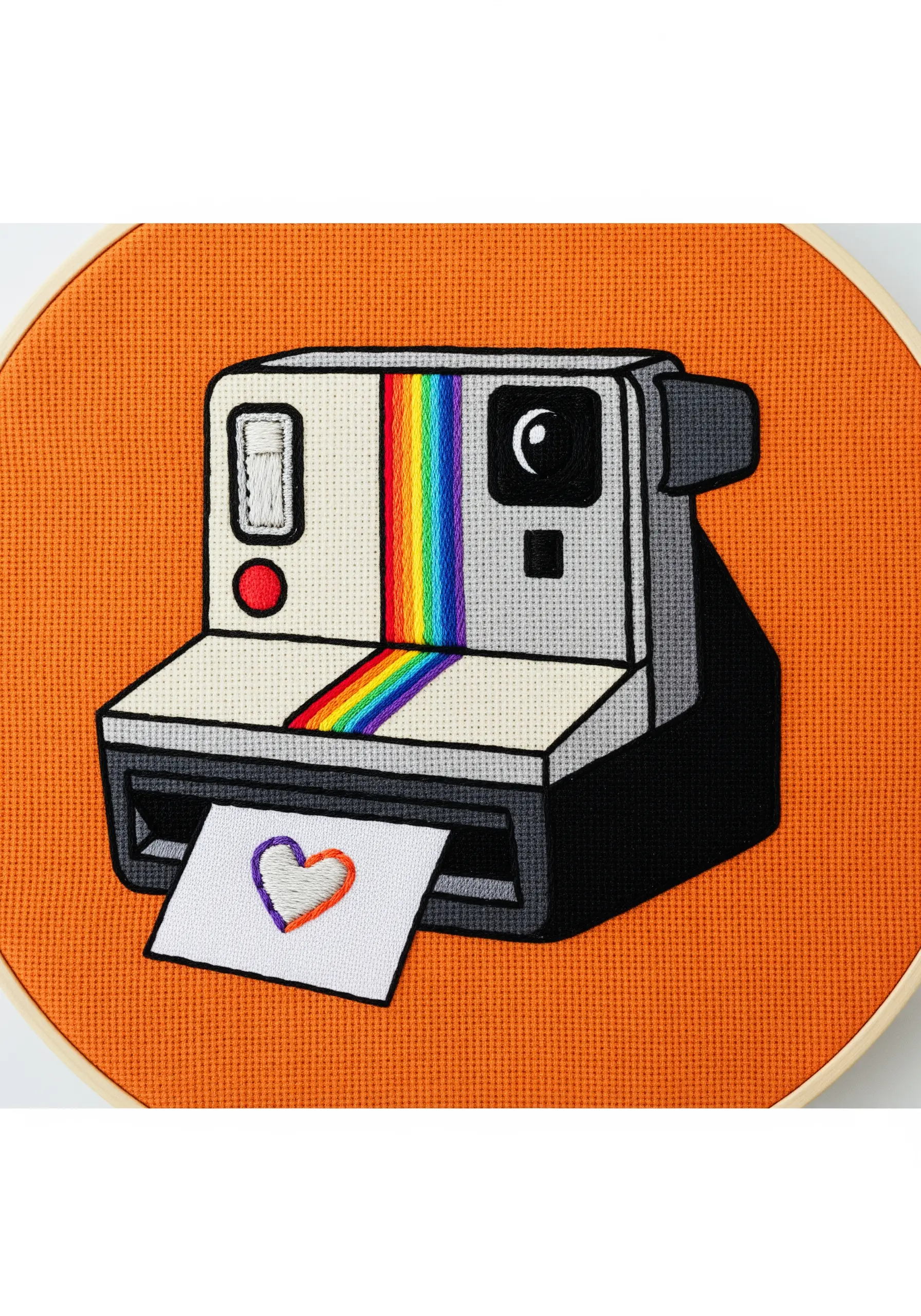 Retro instant camera embroidery combining cross-stitch for texture and backstitch for outlines.