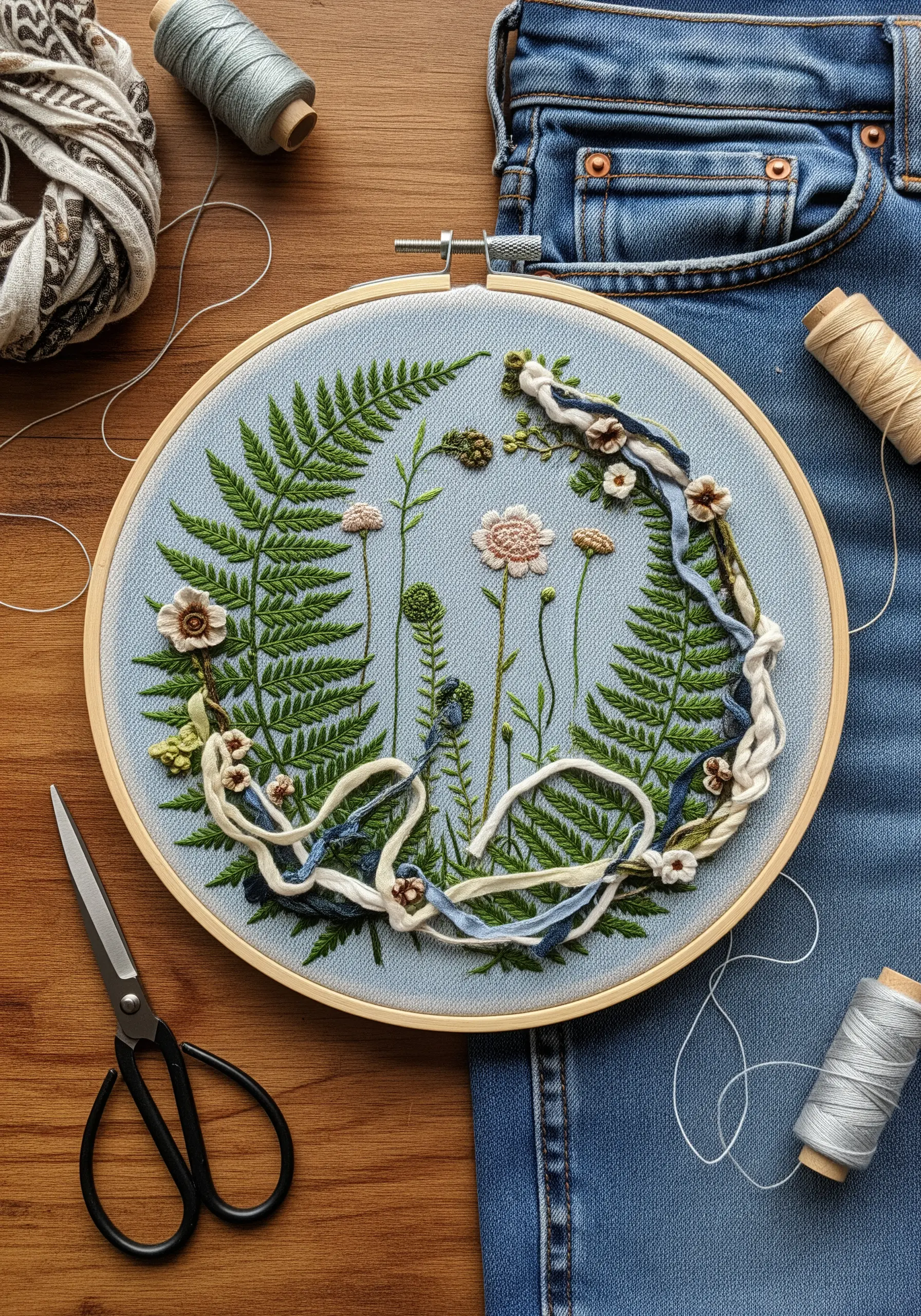 Embroidery hoop art with detailed fern stitches contrasted by a woven ribbon of chunky yarn.