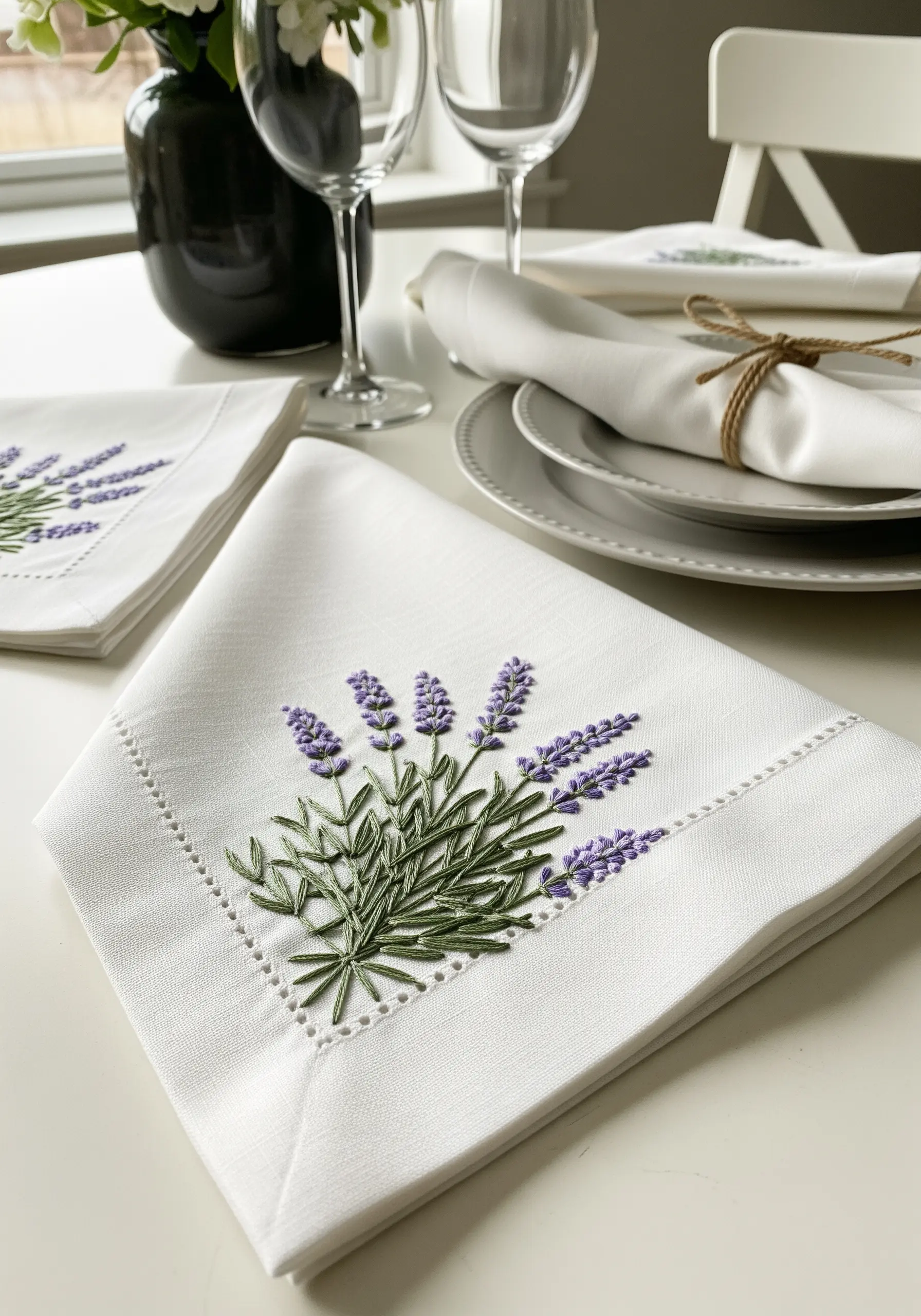 A bouquet of embroidered lavender with French knots and various green leaf stitches on a napkin.