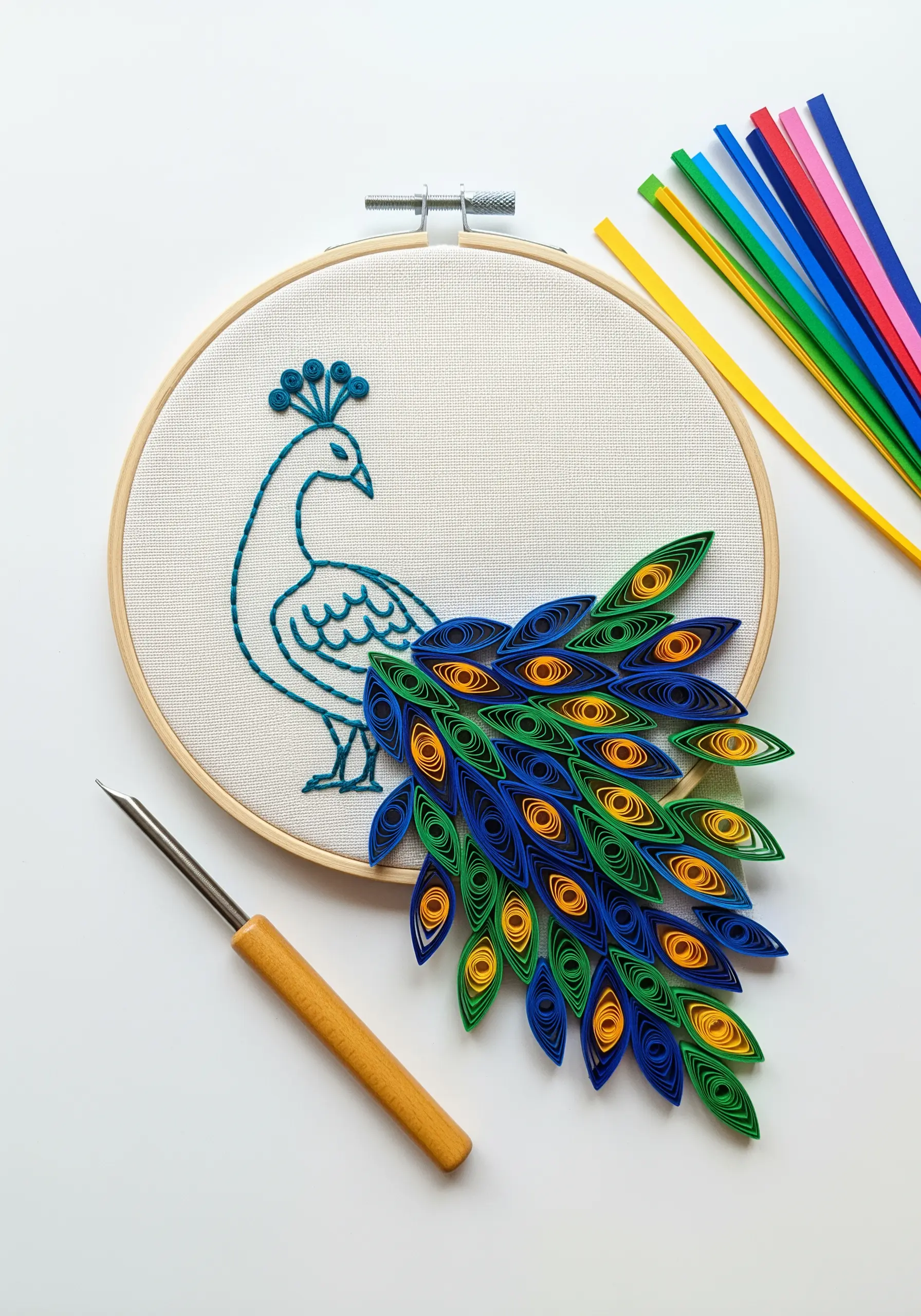 Embroidered peacock outline on fabric with a vibrant 3D paper quilling tail.