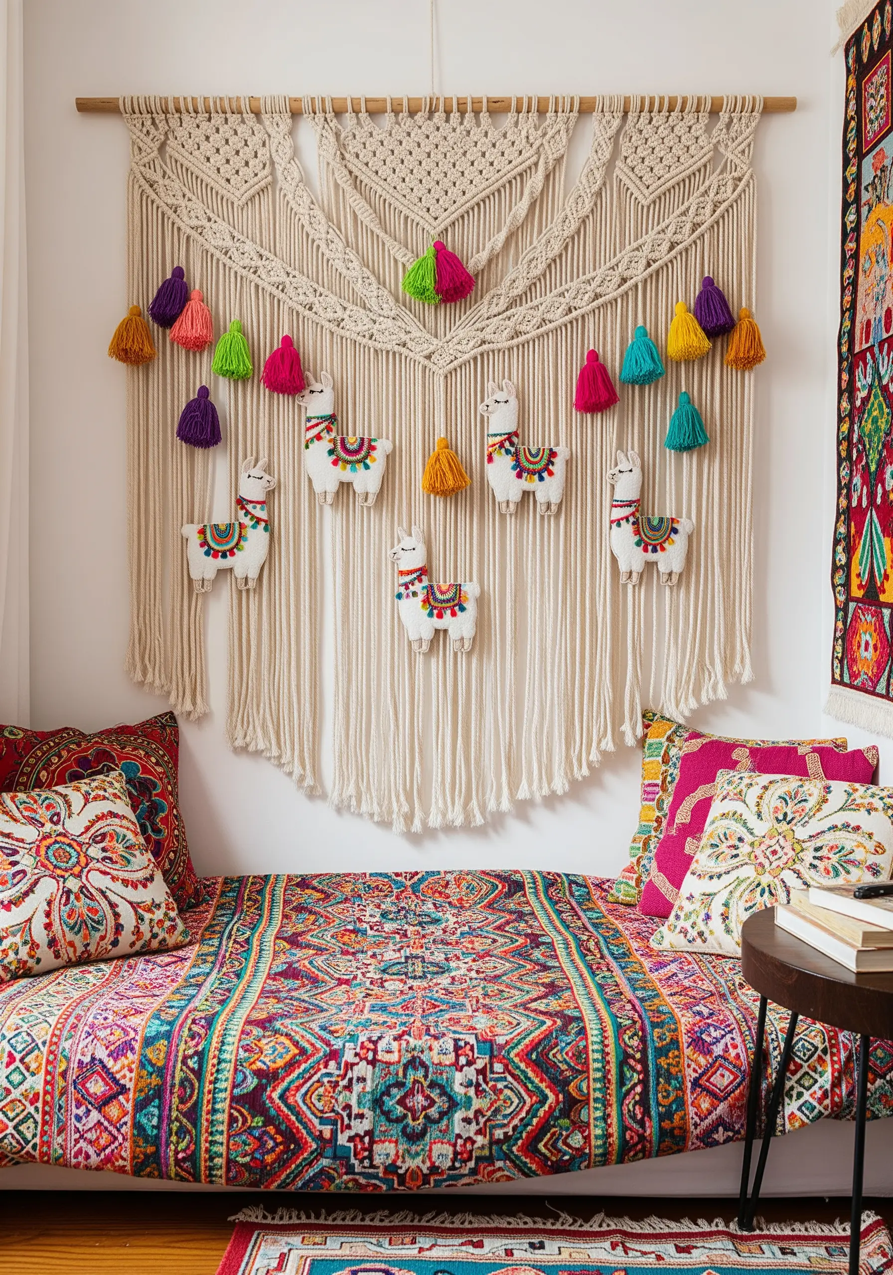 Small, colorful embroidered llama figures attached to a large macrame wall hanging above a vibrant daybed.