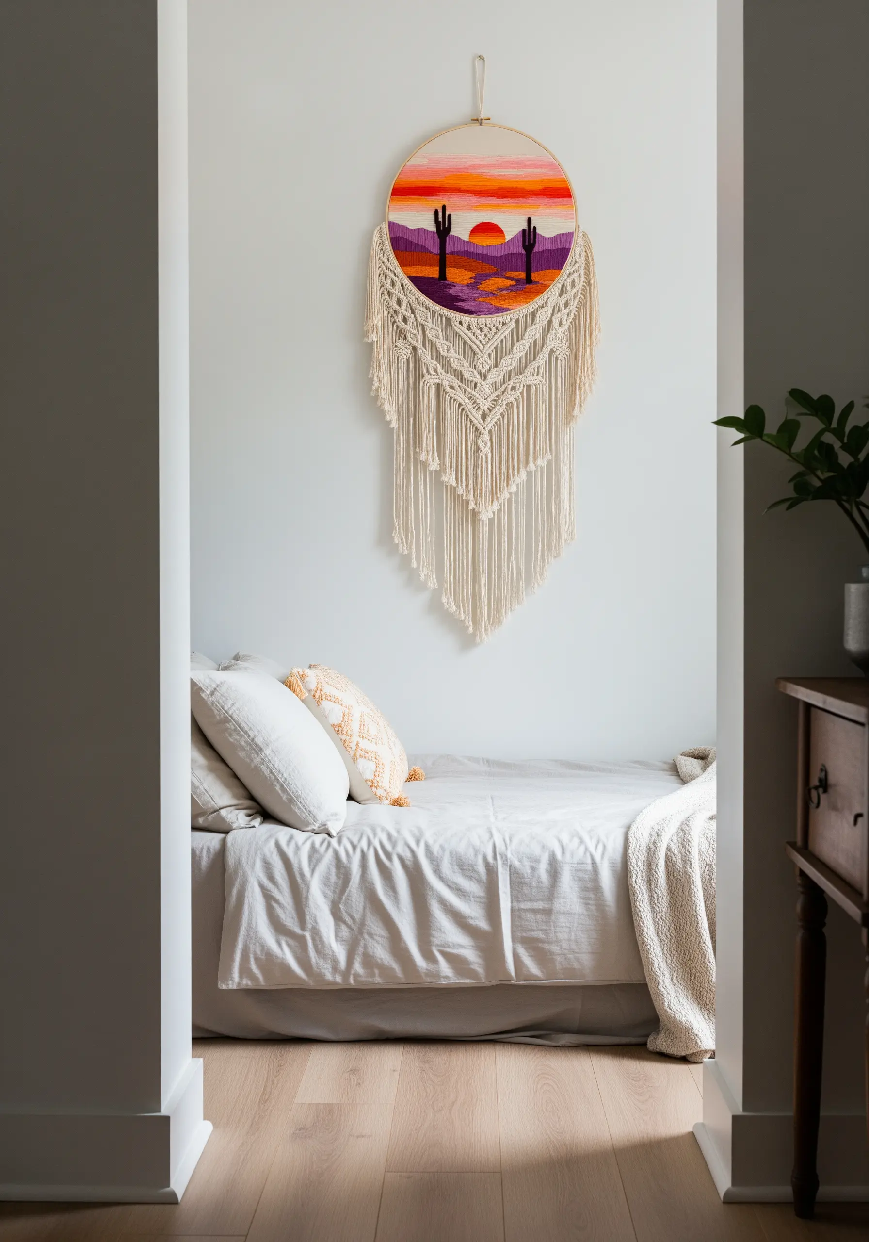 Embroidered desert sunset in a hoop with a cascading macrame fringe below it.