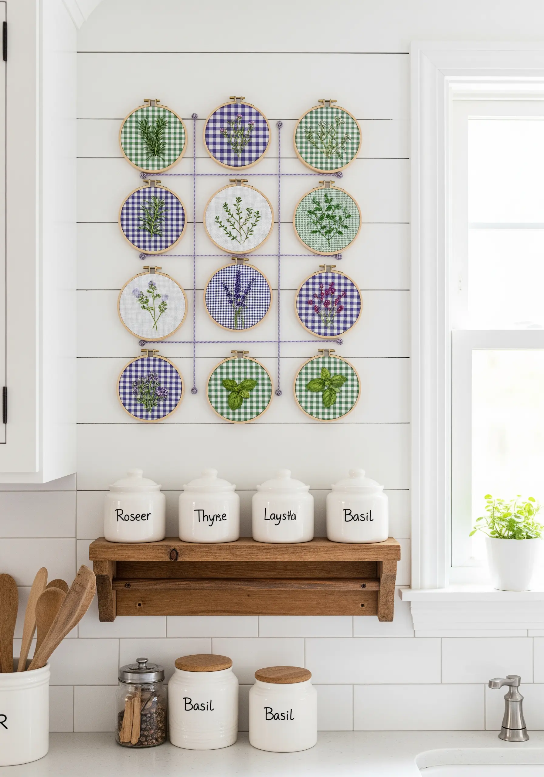 A grid of nine embroidery hoops with herb designs stitched on gingham fabric.