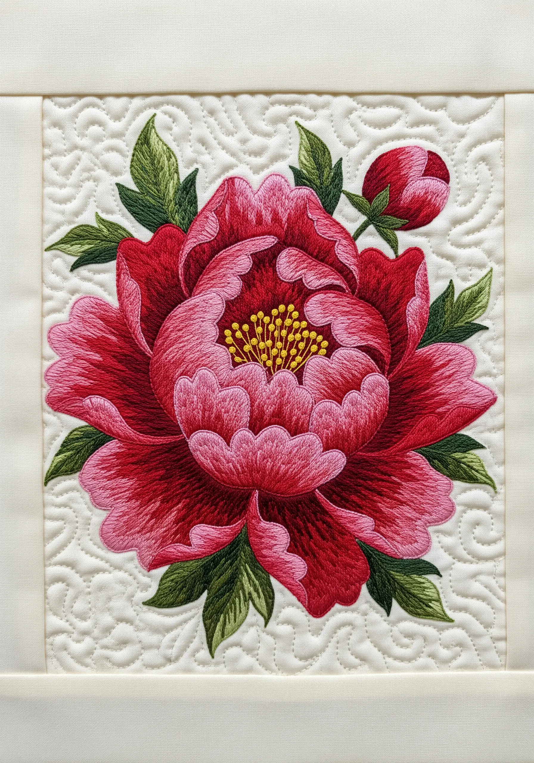 A thread-painted red peony on a white background with dense echo quilting.