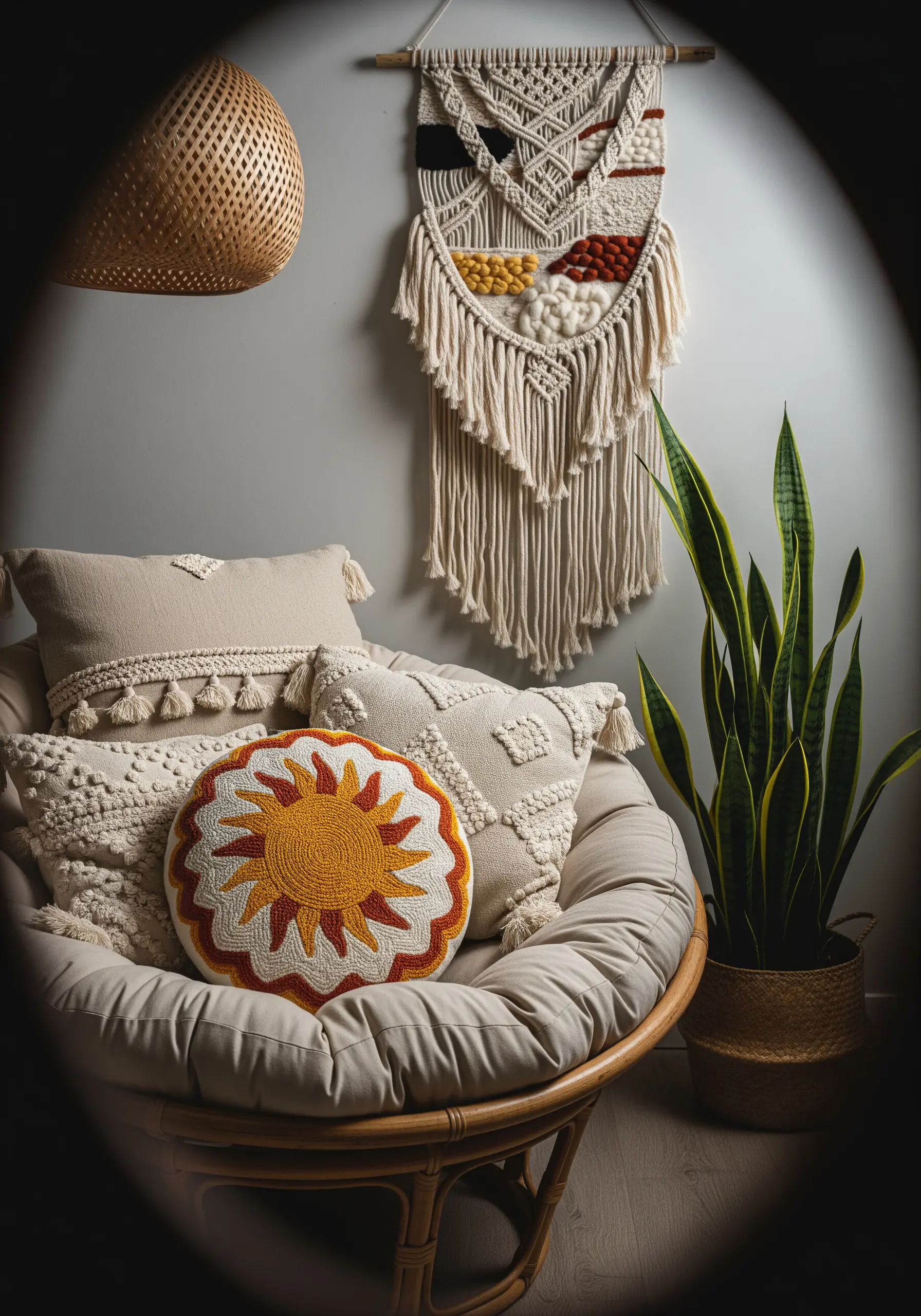 A boho sun pillow with French knot texture next to a macrame wall hanging.