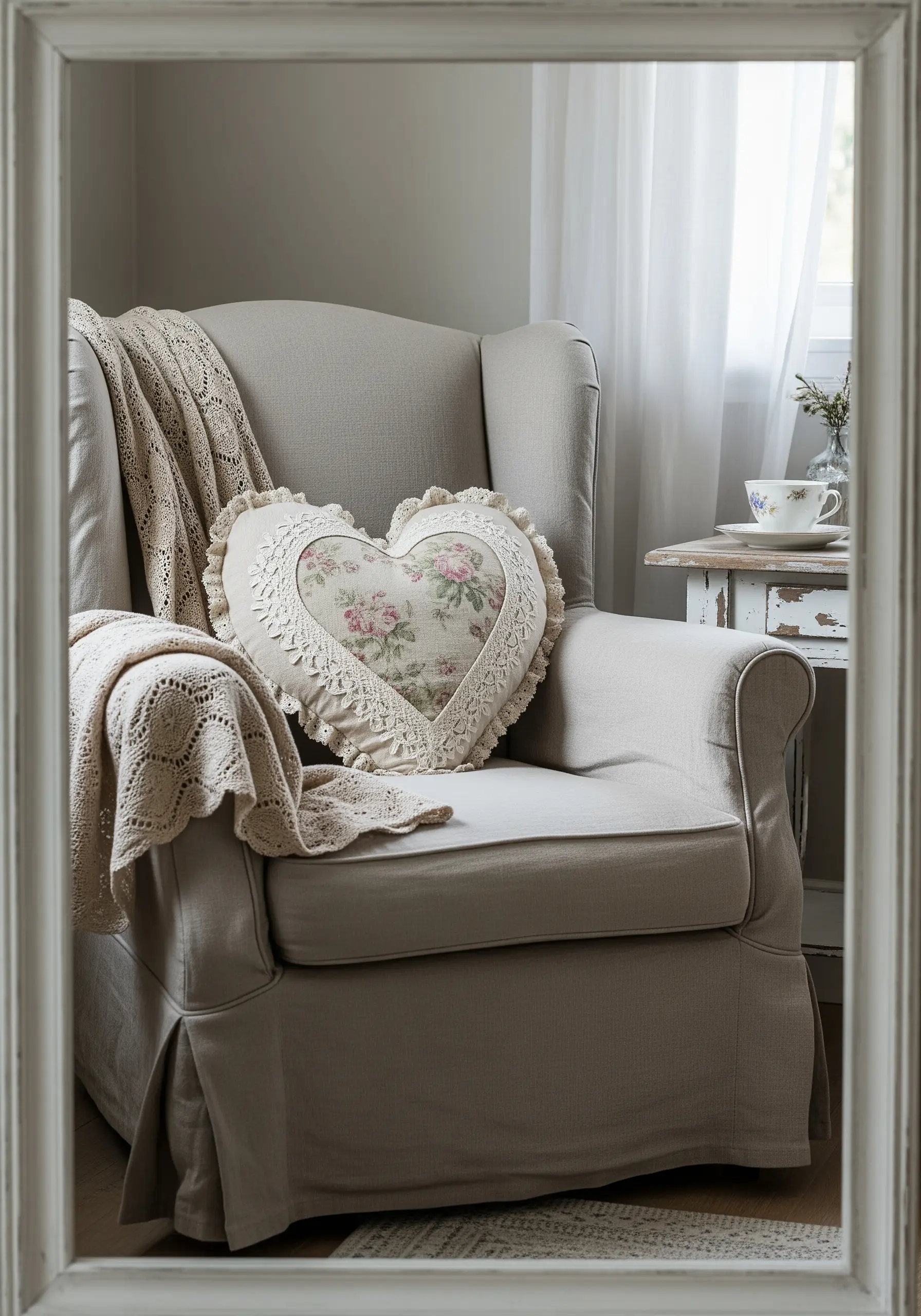 A heart-shaped pillow with a floral appliqué center, embroidery, and a lace ruffle.