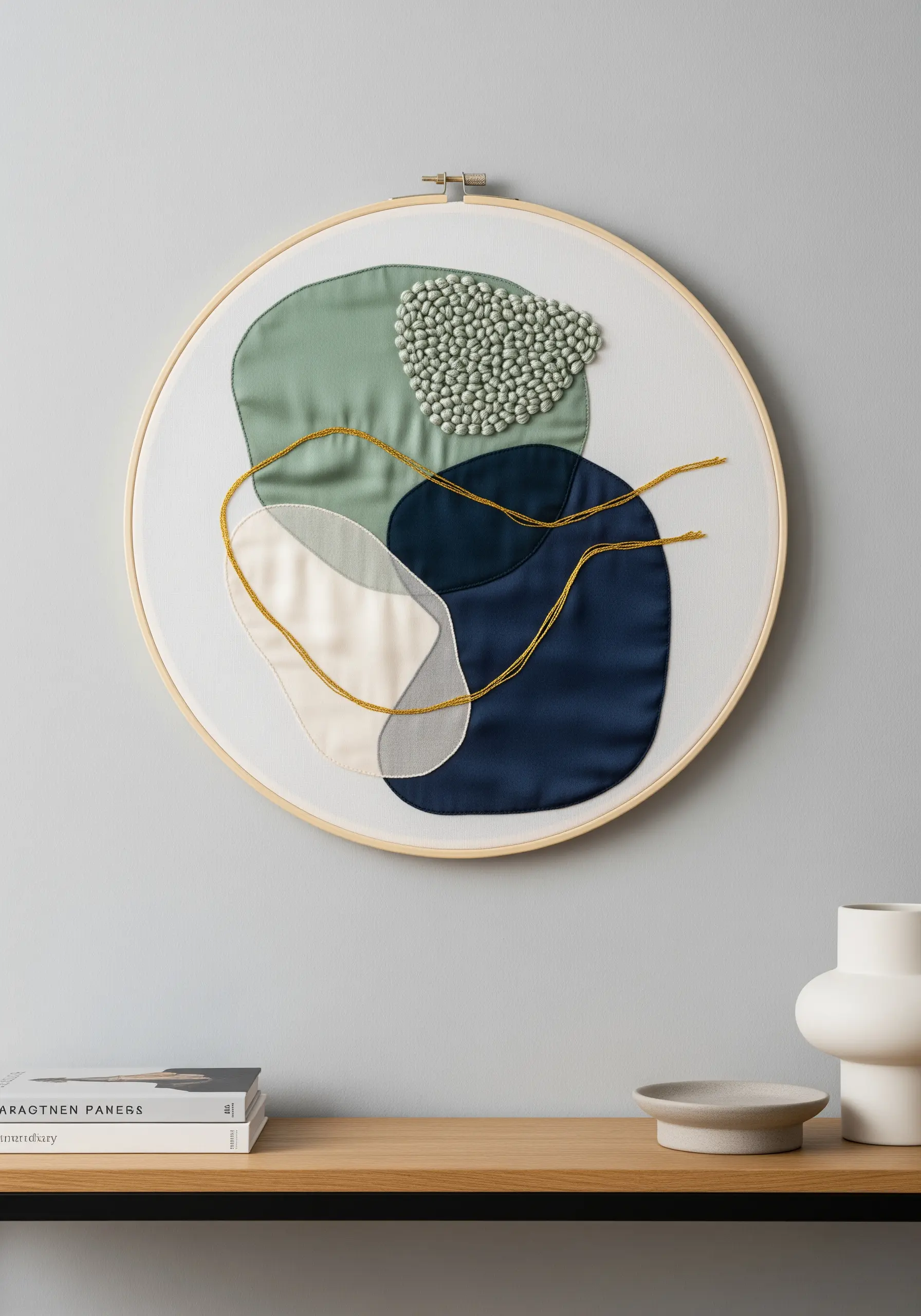 Abstract hoop art combining fabric appliqué with French knots and couched gold thread.