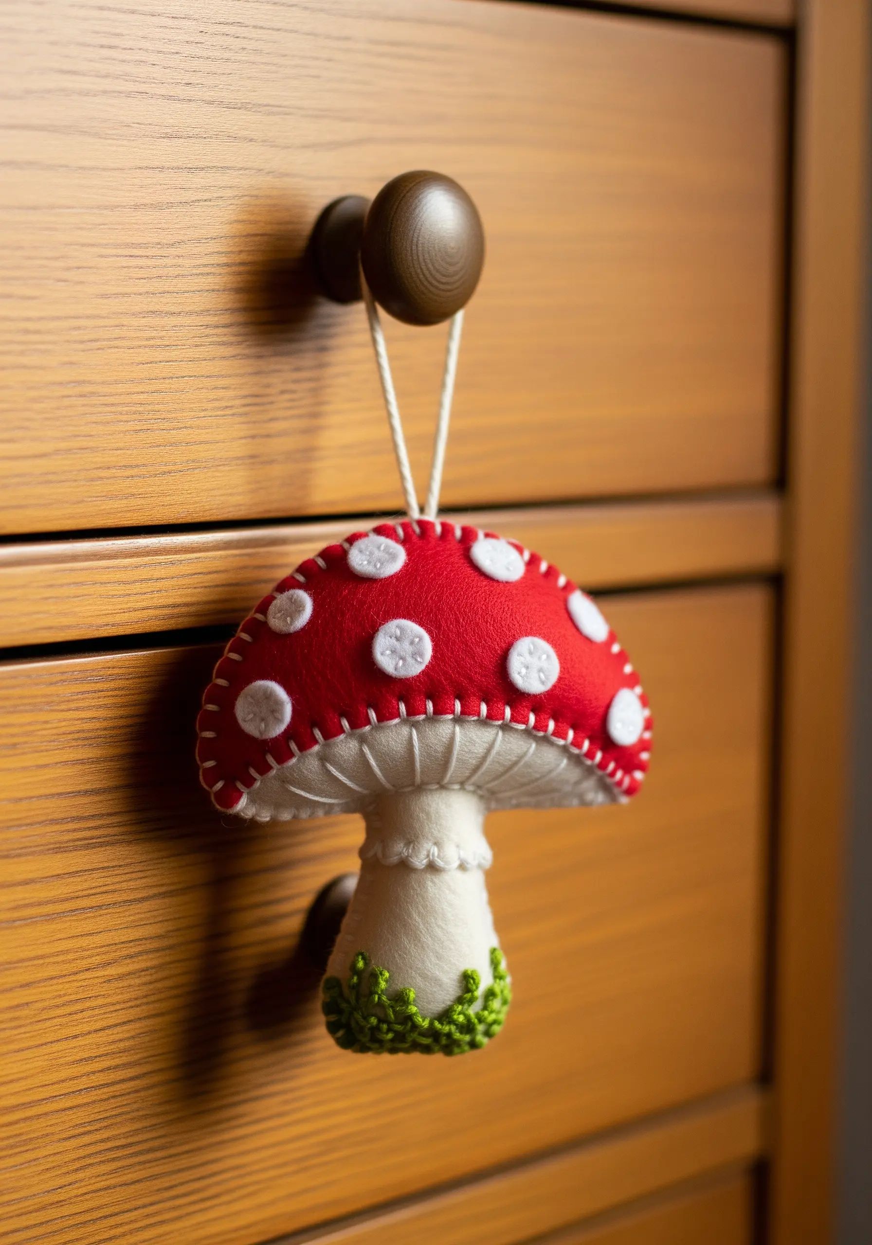 A 3D felt mushroom ornament with embroidered details hanging from a drawer knob.