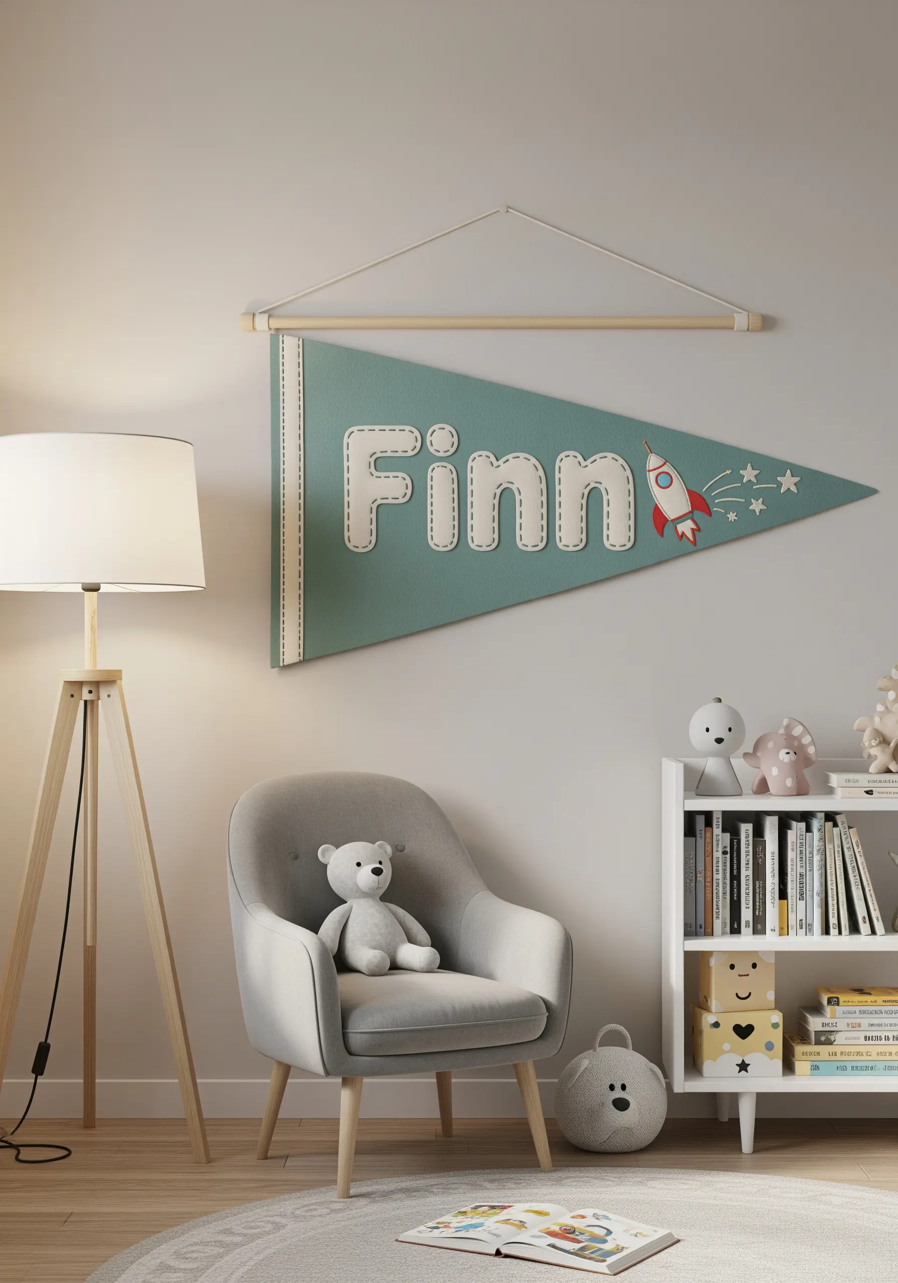Felt pennant with appliquéd name 'Finn' and embroidered rocket detail.