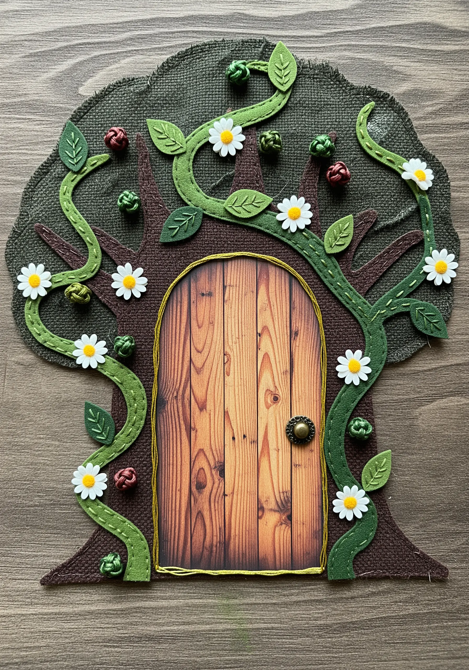 A fairy door collage made with layered felt appliqué and simple running stitches