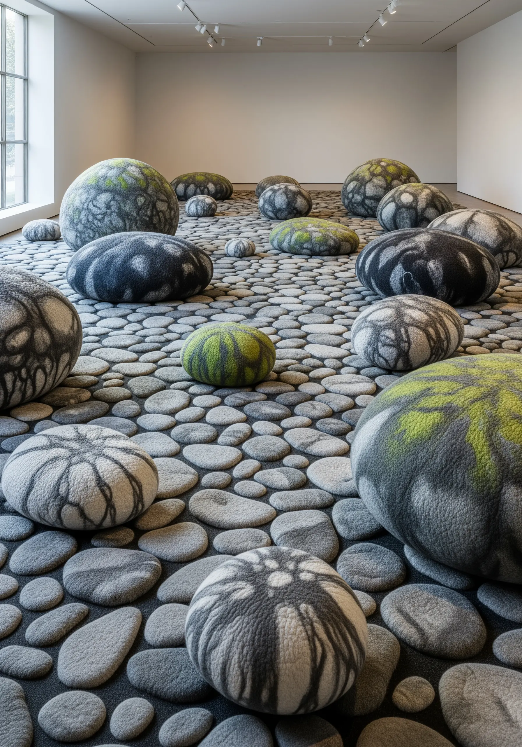 An installation of felted gray stones of various sizes, some with green moss-like details.