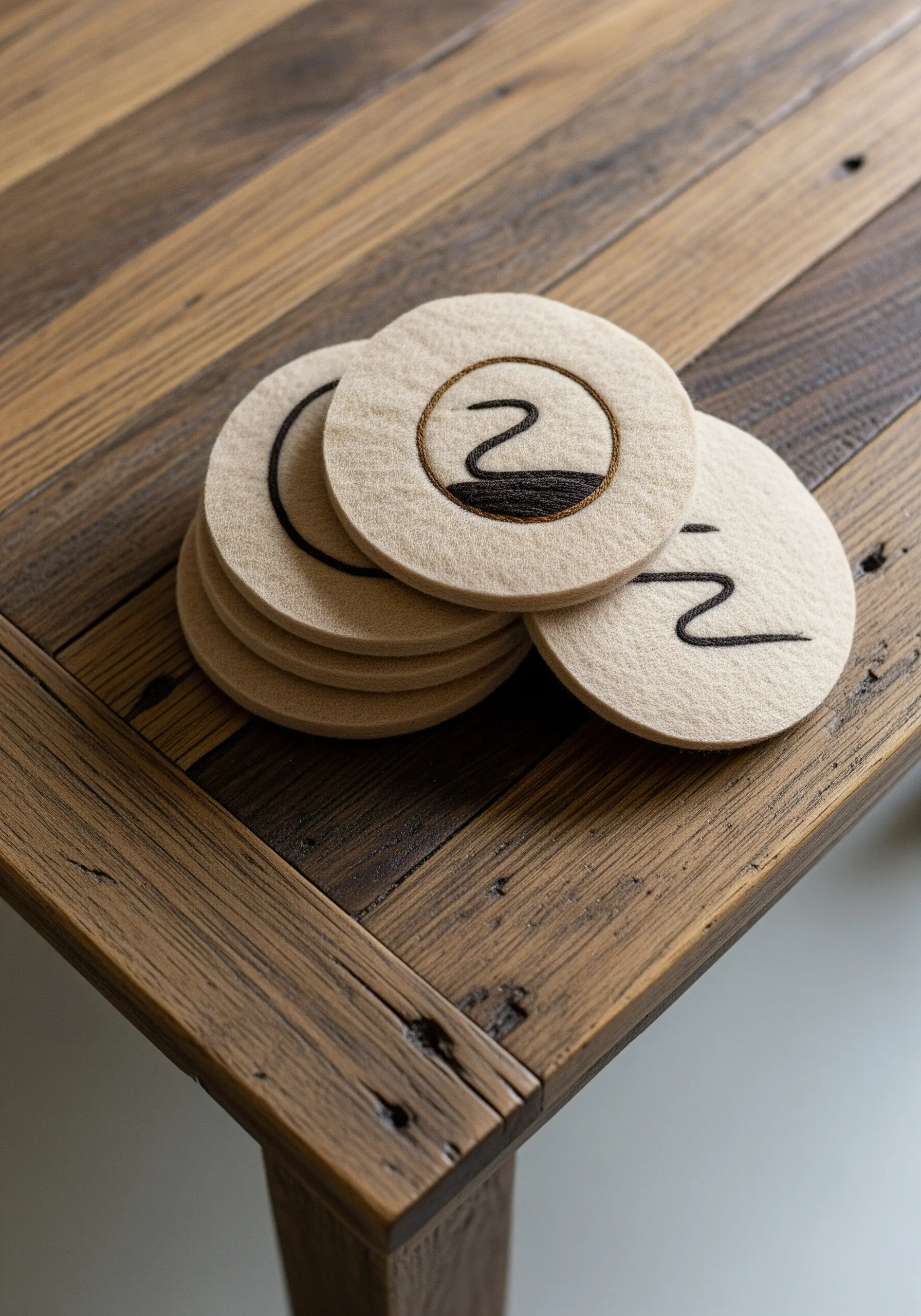 Felt coasters with minimalist embroidered motifs combining satin stitch fill and line work.