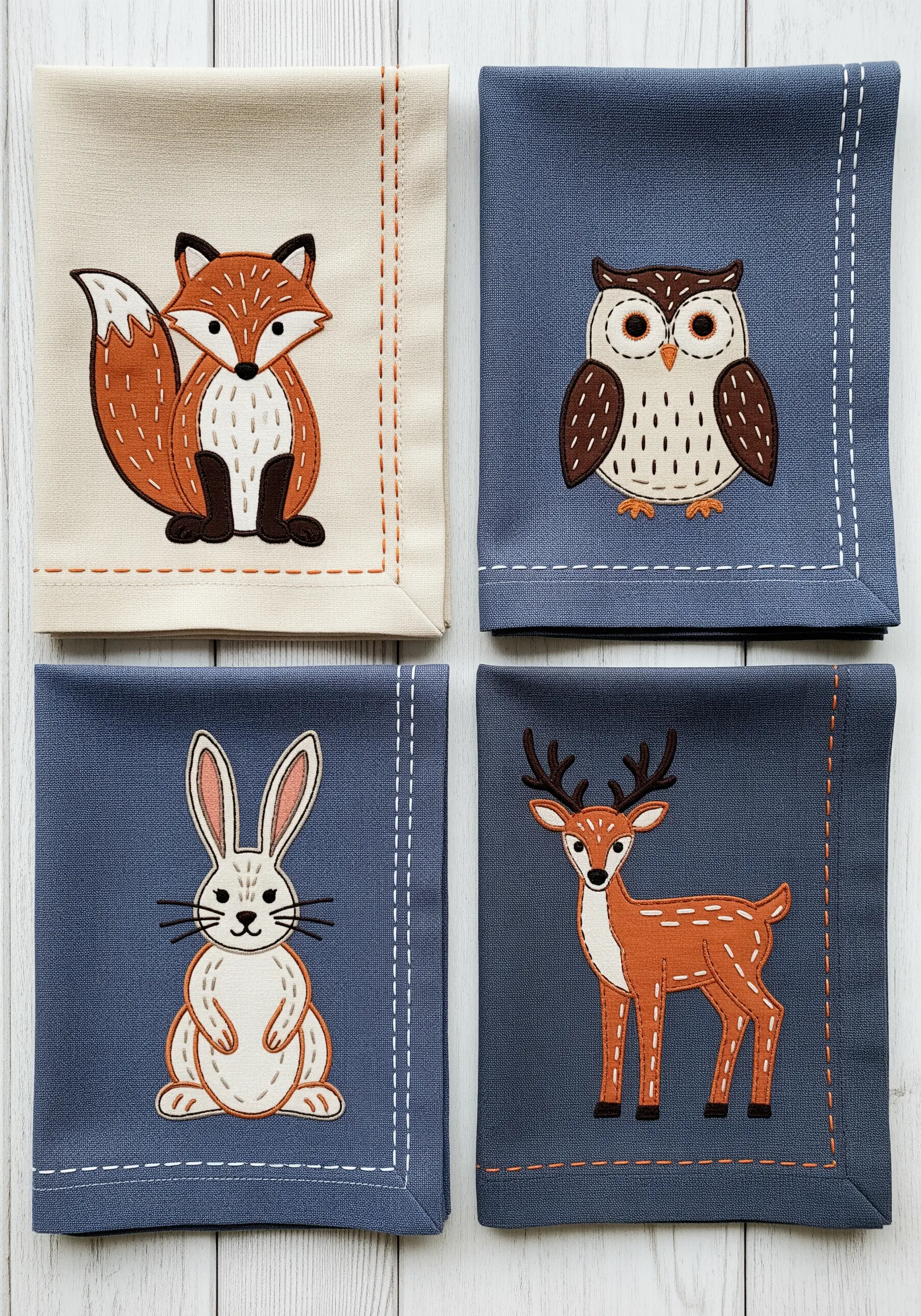 Four napkins featuring embroidered woodland animals: a fox, owl, rabbit, and deer.