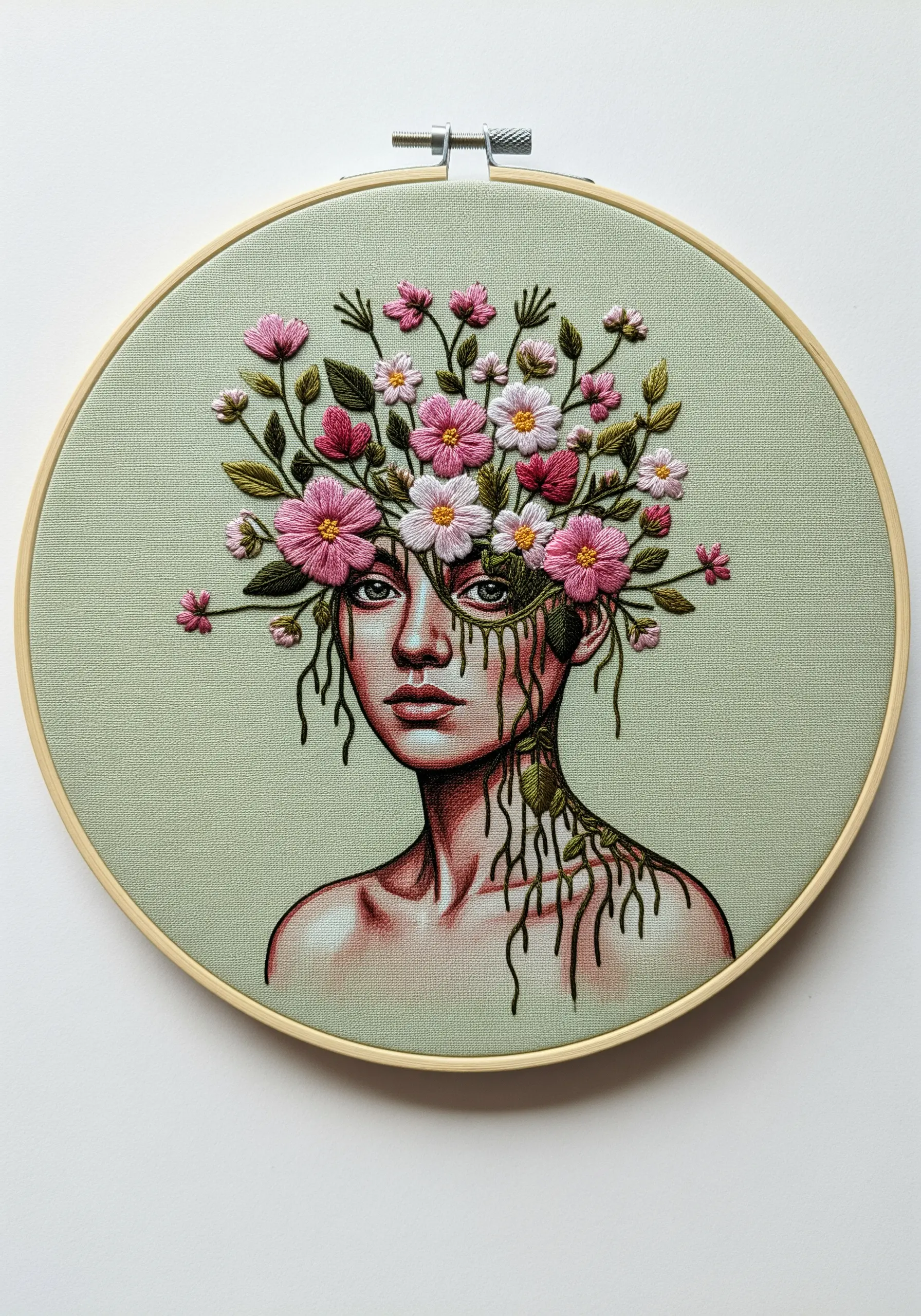 Embroidered portrait of a woman with a headdress of pink and white flowers stitched in 3D.