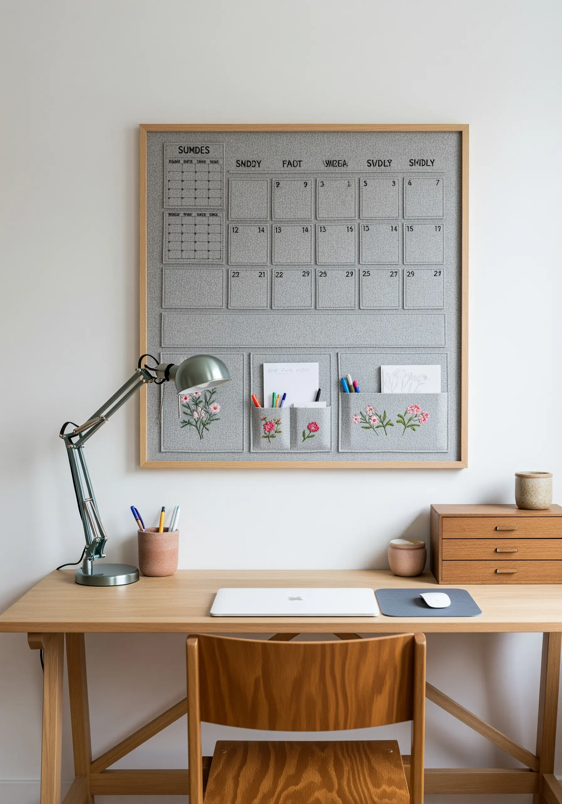 A grey, framed fabric wall organizer with embroidered floral details on the pockets.